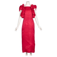 Vintage Givenchy Couture Magenta Silk Chevron Sleeveless Ruffle Bow Dress