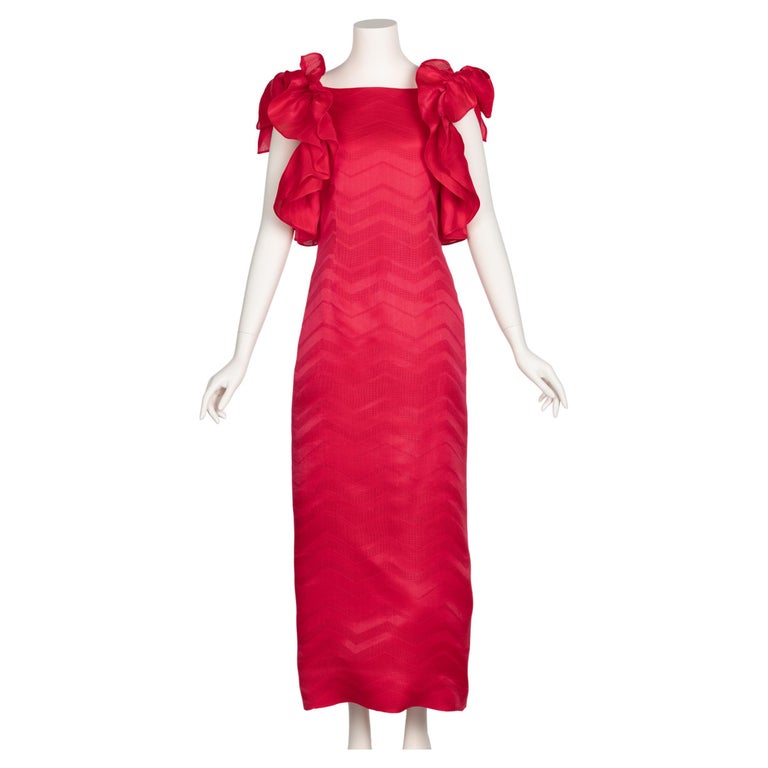 Vintage Givenchy Couture Magenta Silk Chevron Sleeveless Ruffle Bow Dress  For Sale at 1stDibs