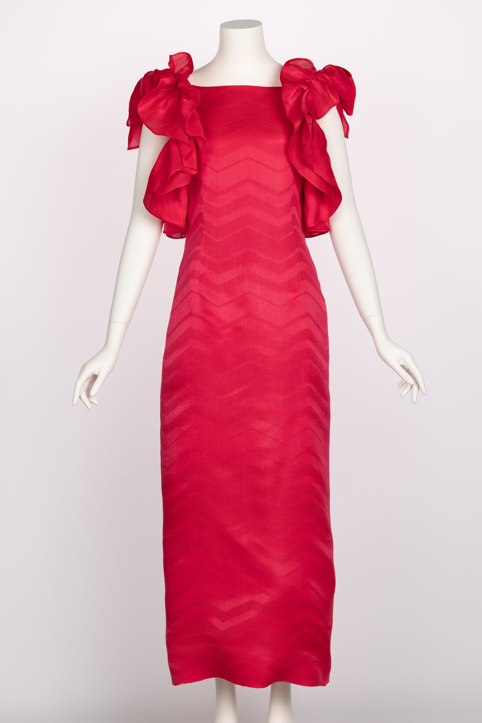 Vintage Givenchy Couture Magenta Silk Chevron Sleeveless Ruffle Bow Dress In Good Condition For Sale In Boca Raton, FL