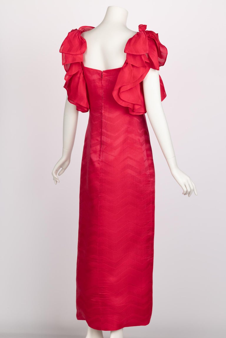 Vintage Givenchy Couture Magenta Silk Chevron Sleeveless Ruffle Bow Dress  For Sale at 1stDibs
