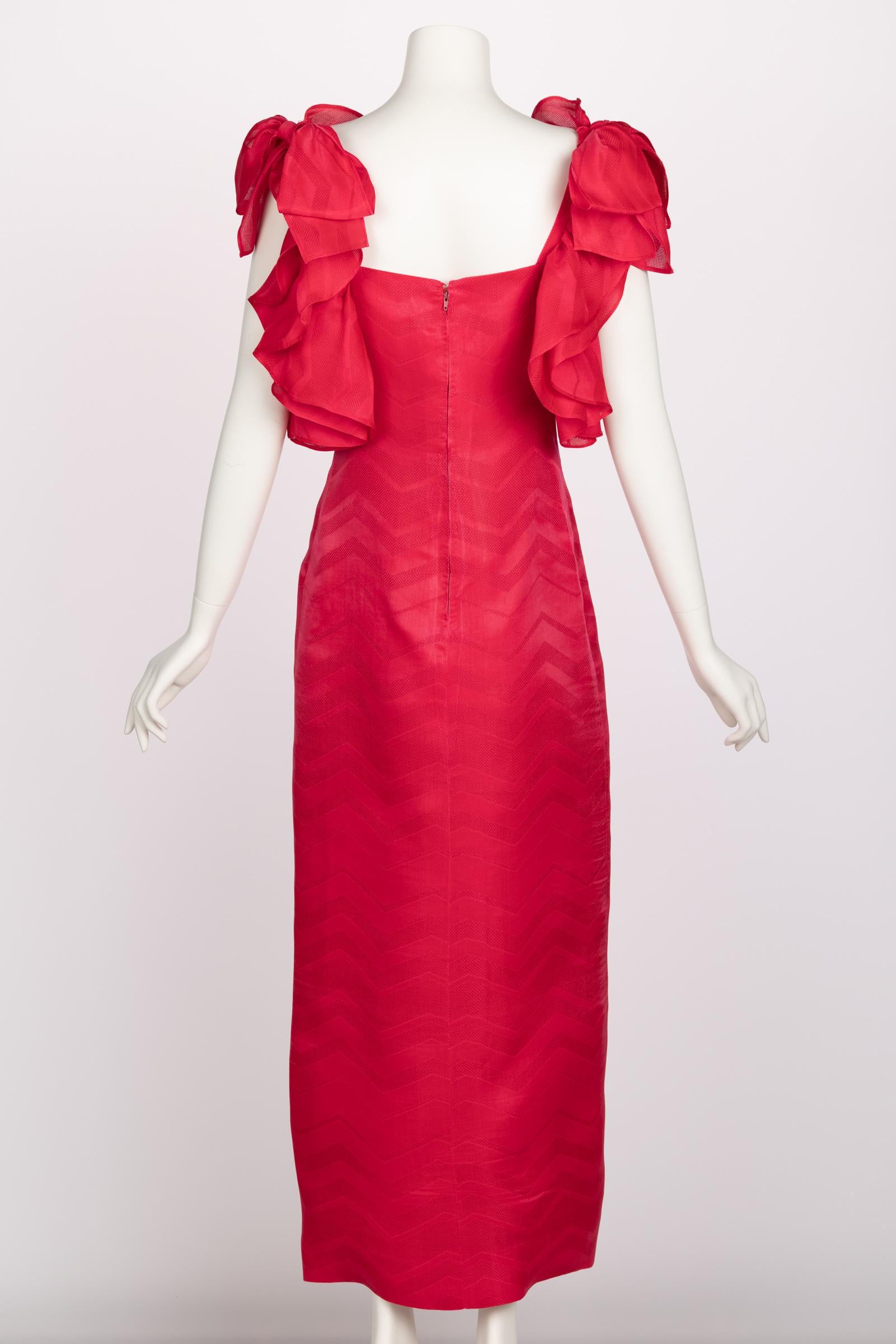 Red Vintage Givenchy Couture Magenta Silk Chevron Sleeveless Ruffle Bow Dress