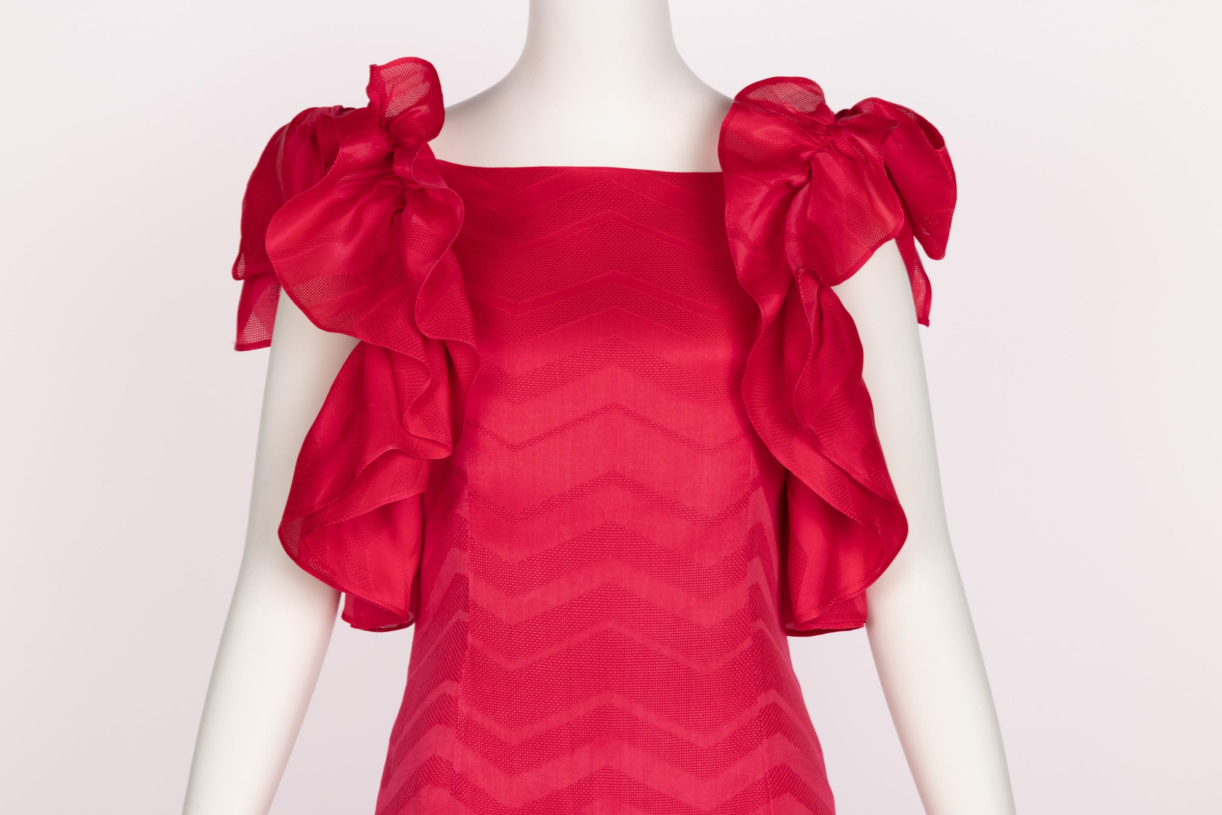 Vintage Givenchy Couture Magenta Silk Chevron Sleeveless Ruffle Bow Dress In Good Condition In Boca Raton, FL
