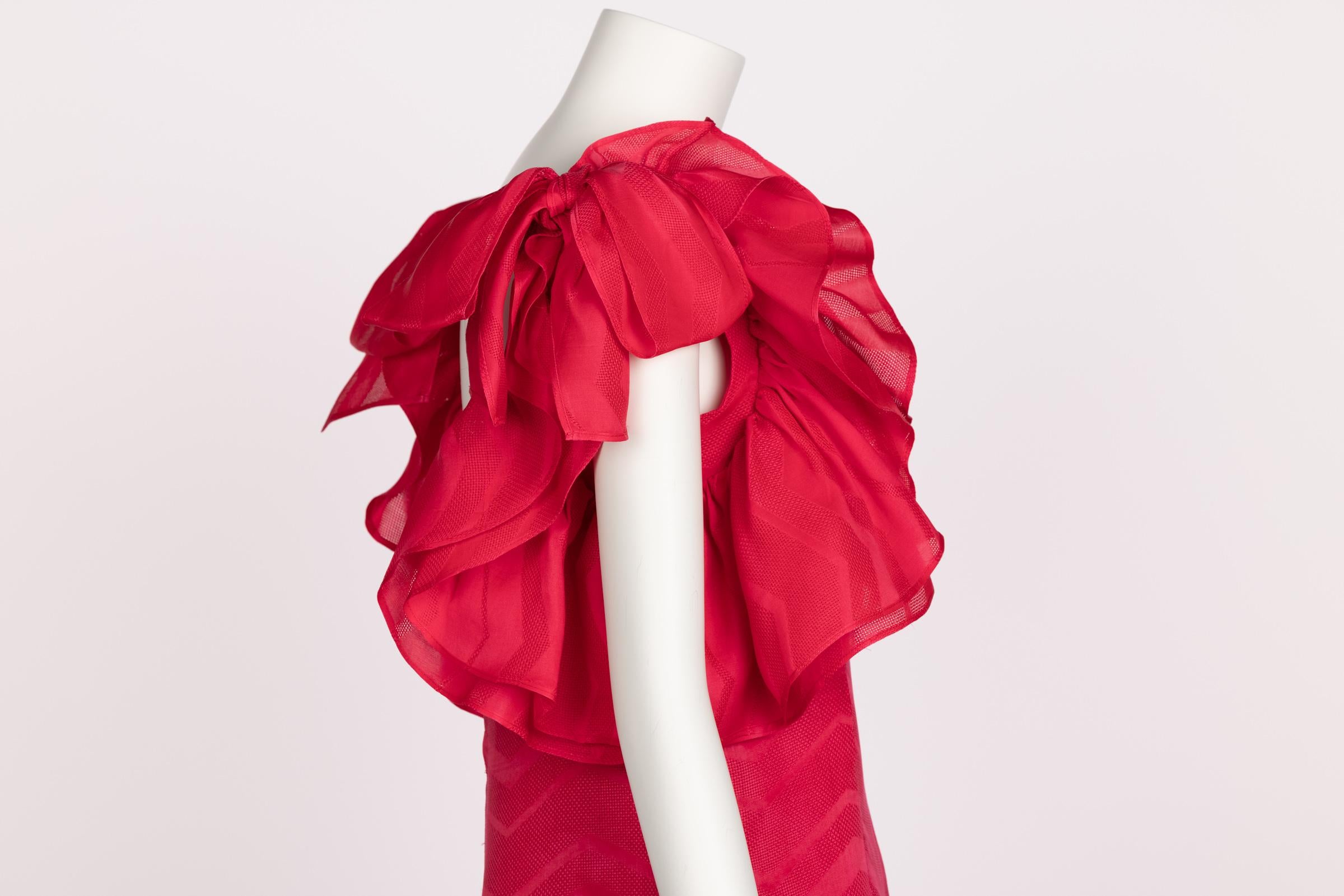 Women's Vintage Givenchy Couture Magenta Silk Chevron Sleeveless Ruffle Bow Dress