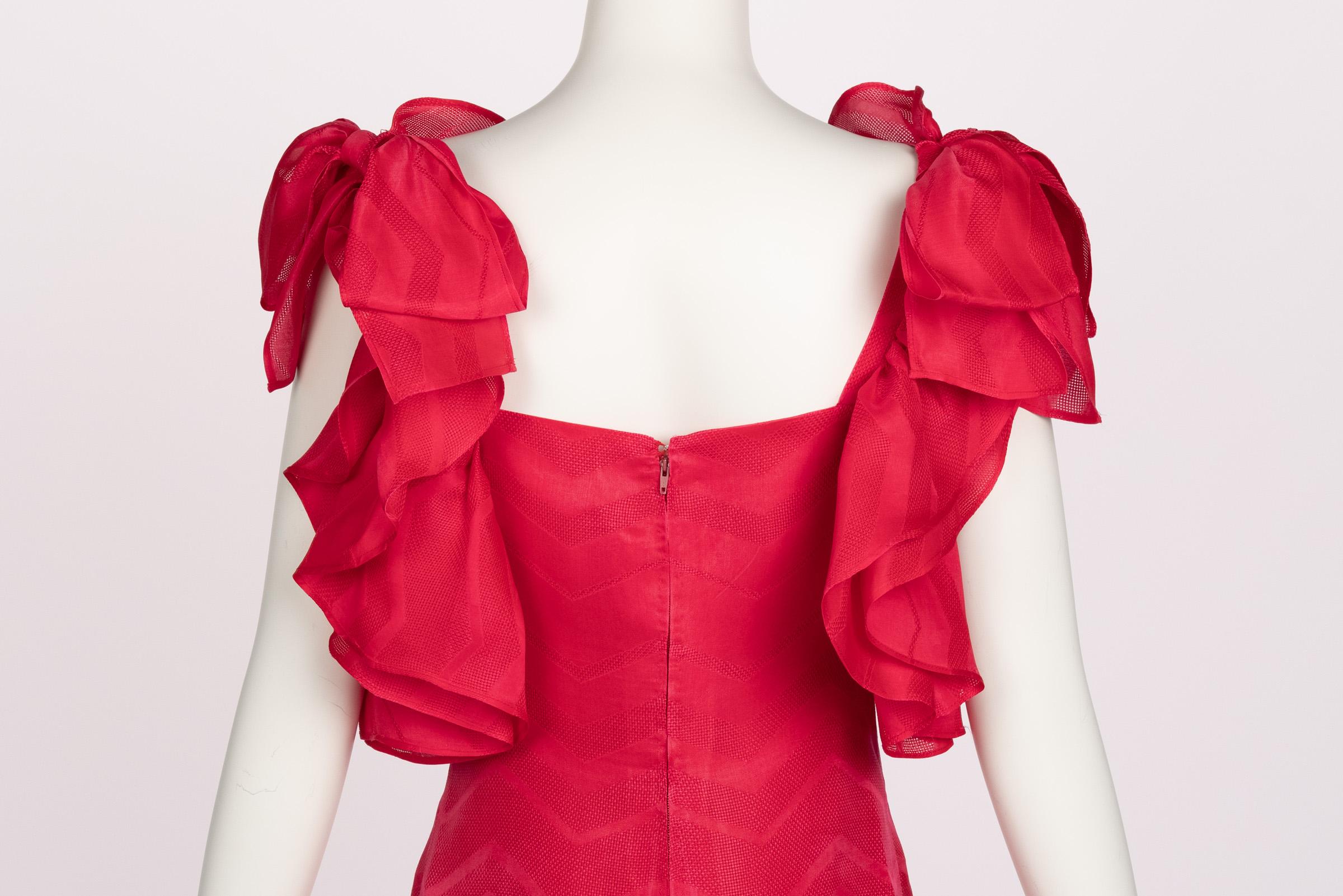 Vintage Givenchy Couture Magenta Silk Chevron Sleeveless Ruffle Bow Dress 1