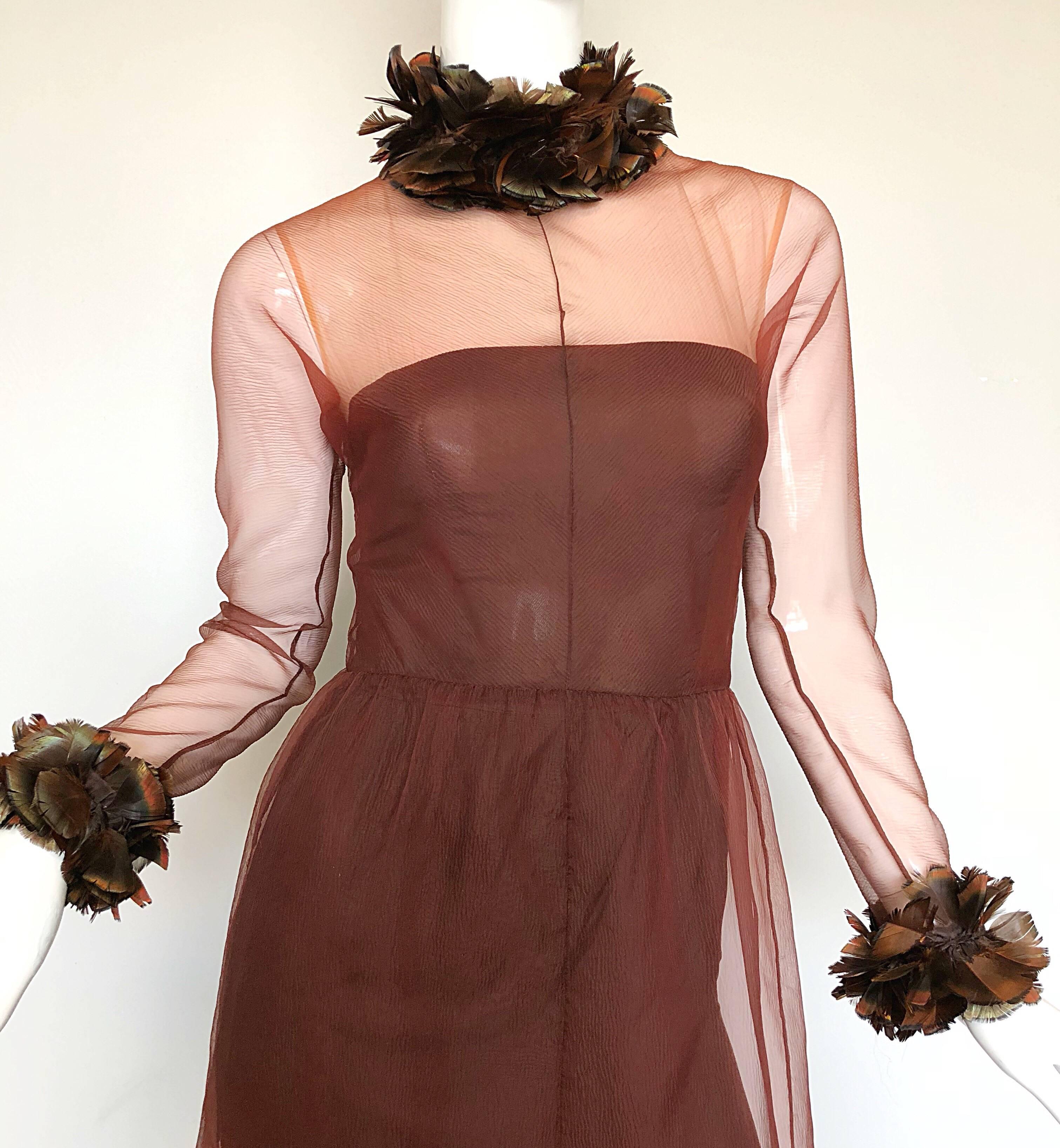 Marron Vintage Givenchy Couture numéroté 1970 Chocolate Brown Feathered Chiffon Gown en vente