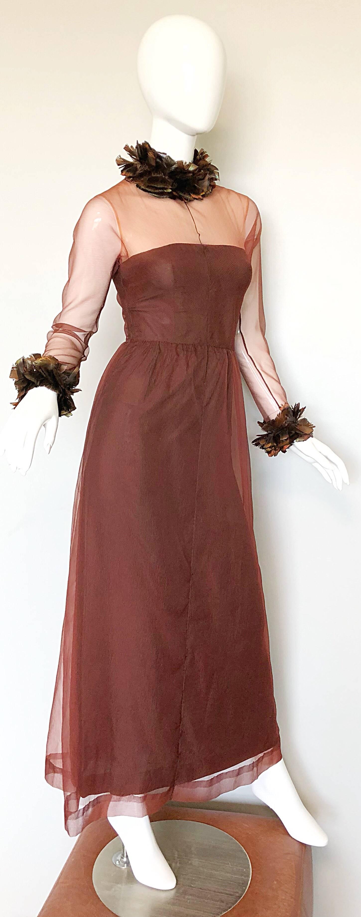 Vintage Givenchy Couture Numbered 1970s Chocolate Brown Feathered Chiffon Gown In Excellent Condition For Sale In San Diego, CA