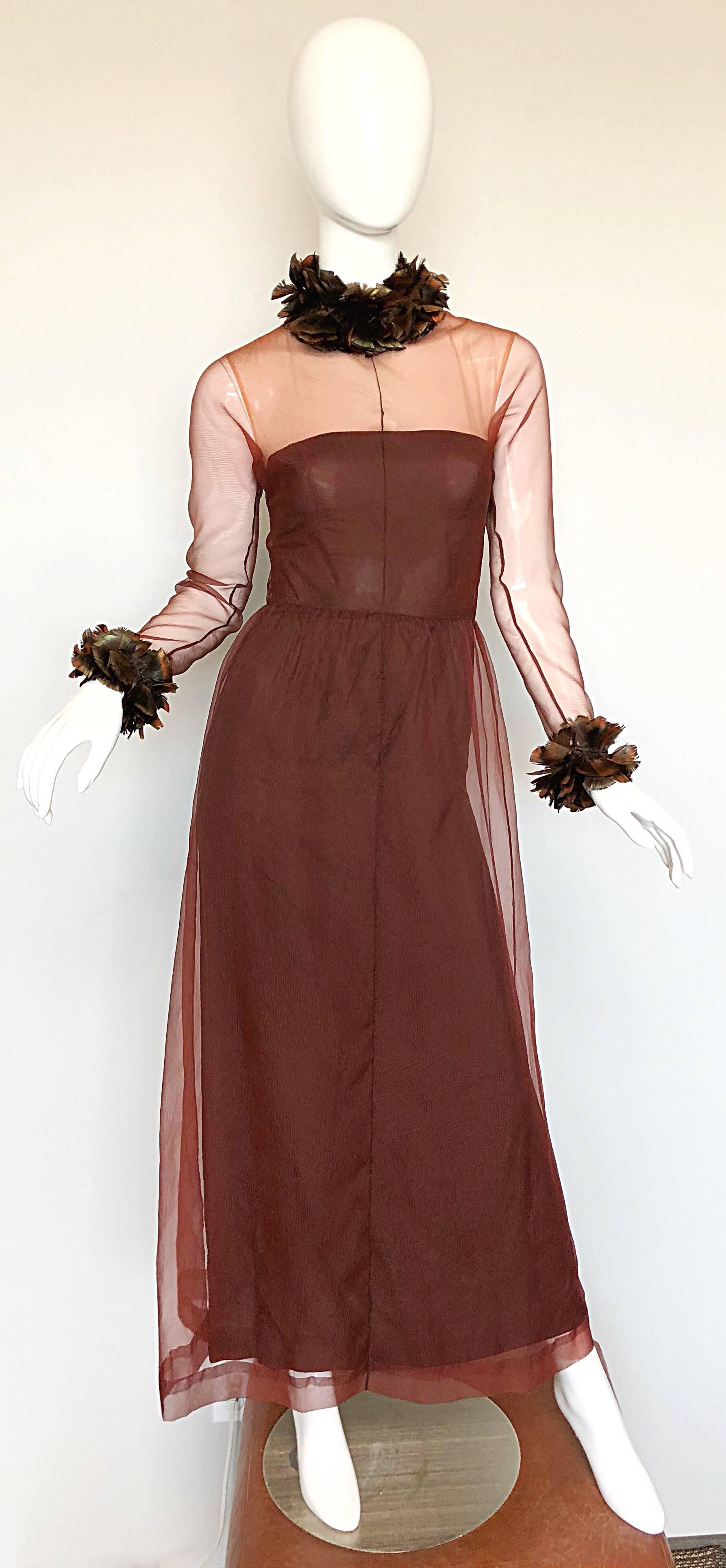 Women's Vintage Givenchy Couture Numbered 1970s Chocolate Brown Feathered Chiffon Gown For Sale