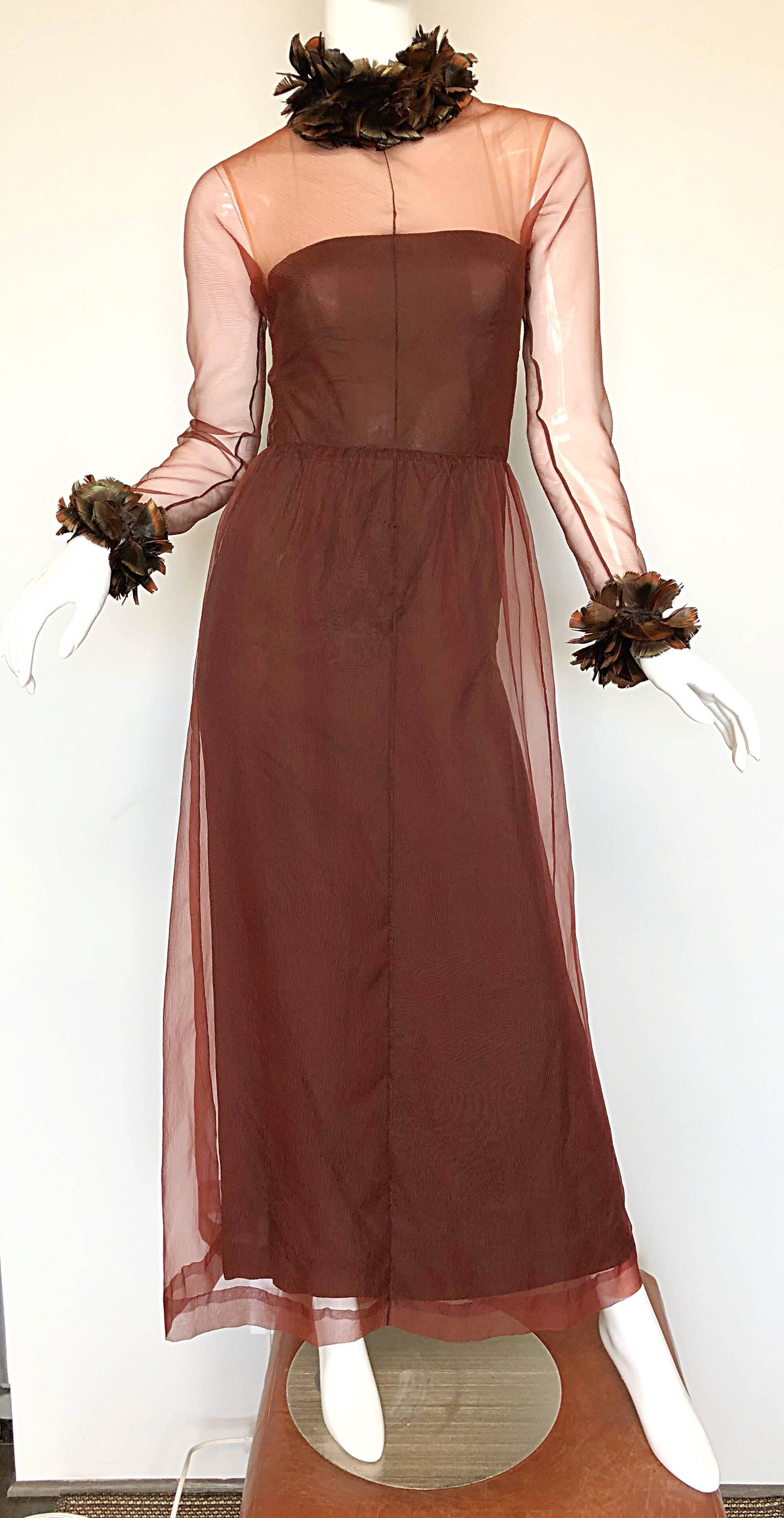 Vintage Givenchy Couture Numbered 1970s Chocolate Brown Feathered Chiffon Gown For Sale 2
