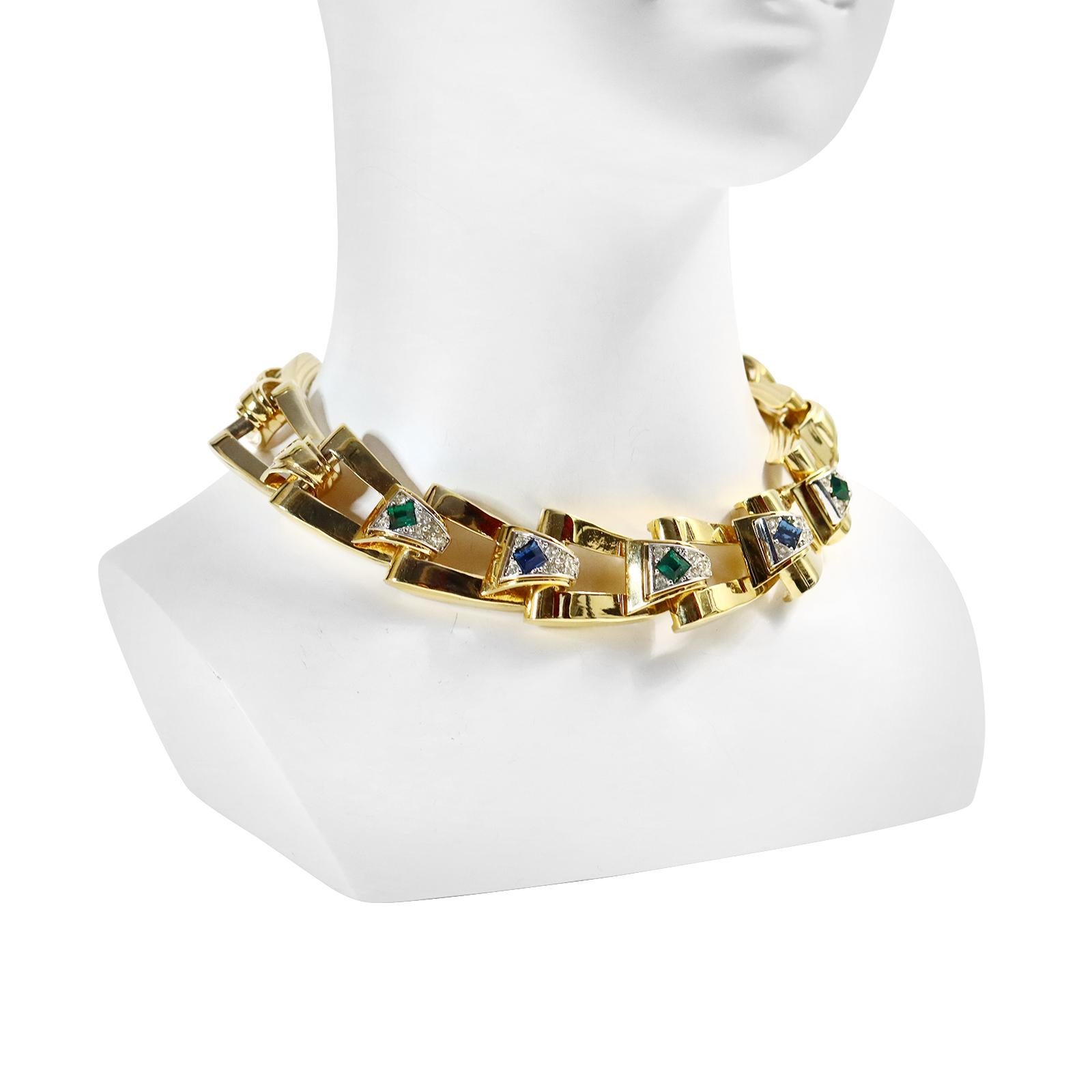Vintage Givenchy Diamante and Gold Tone Link Necklace Circa 1980s For Sale 1