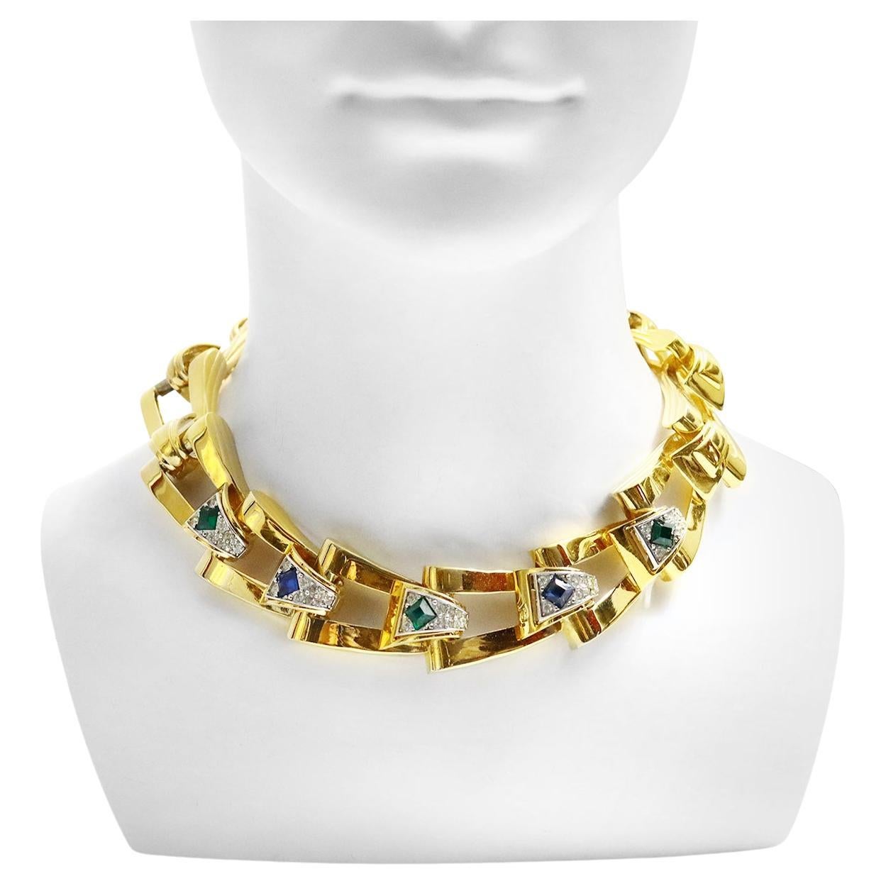 Vintage Givenchy Diamante and Gold Tone Link Necklace Circa 1980