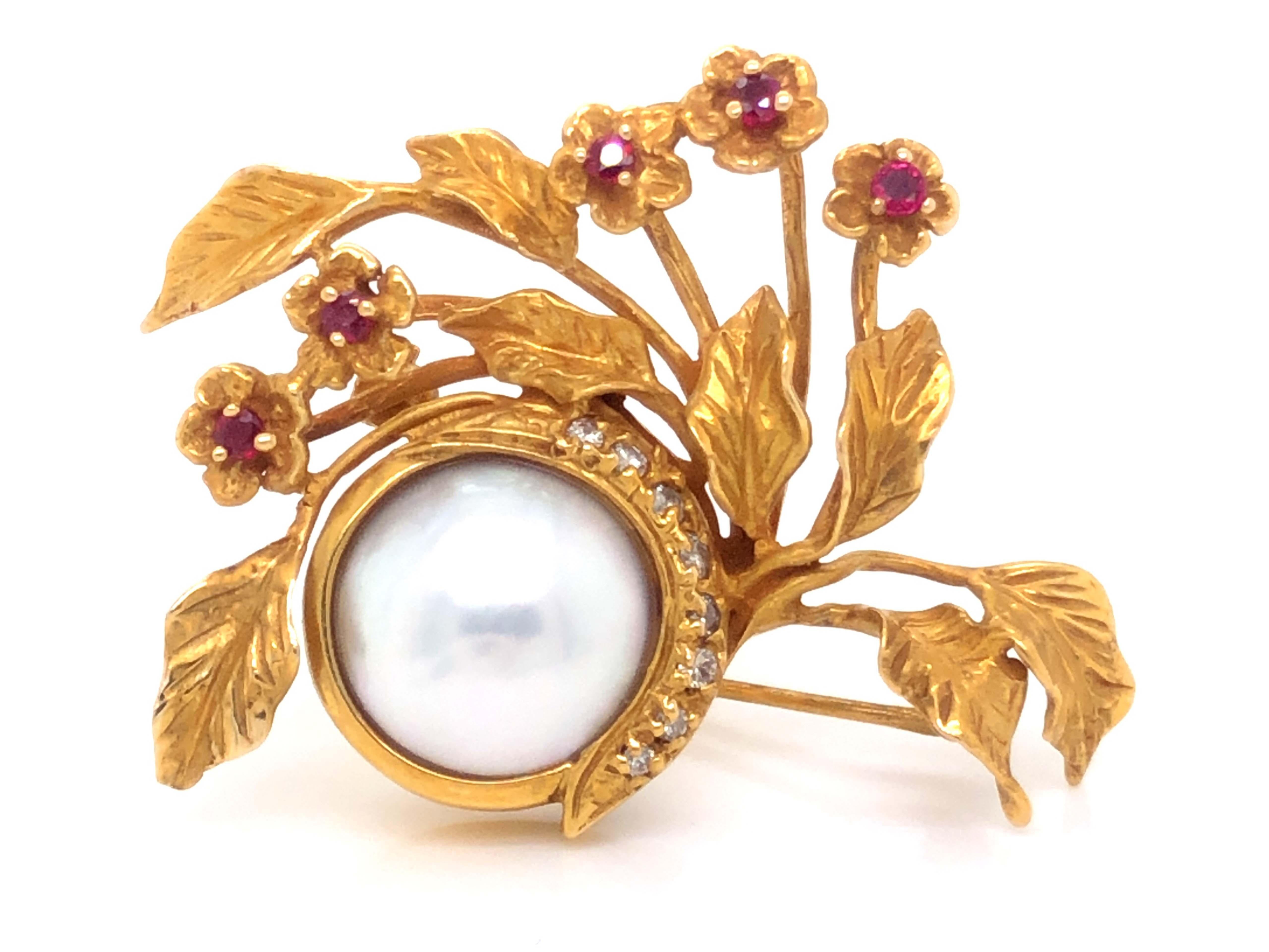 Women's or Men's Vintage Givenchy Diamond, Ruby and Mabe Pearl Brooch in 14k Yellow Gold For Sale