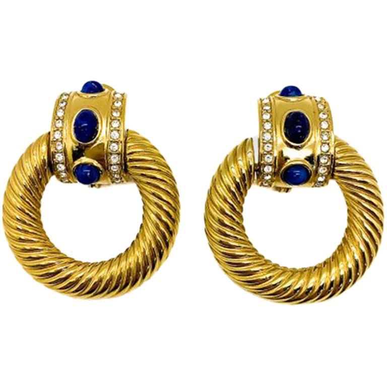 Vintage Givenchy Door Knocker Gold & Lapis Earrings 1980s