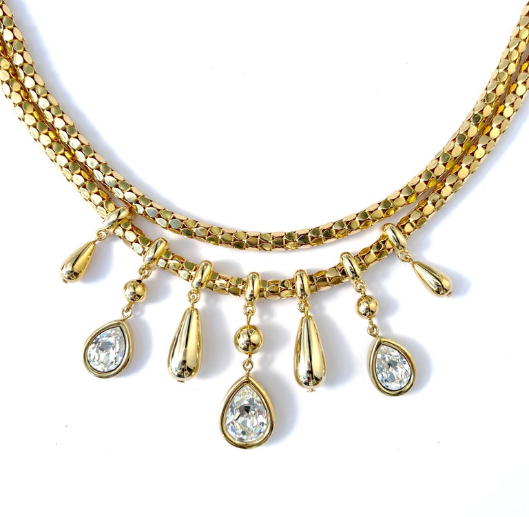 Vintage Givenchy Double Snake Chain Necklace with Crystal Drops
