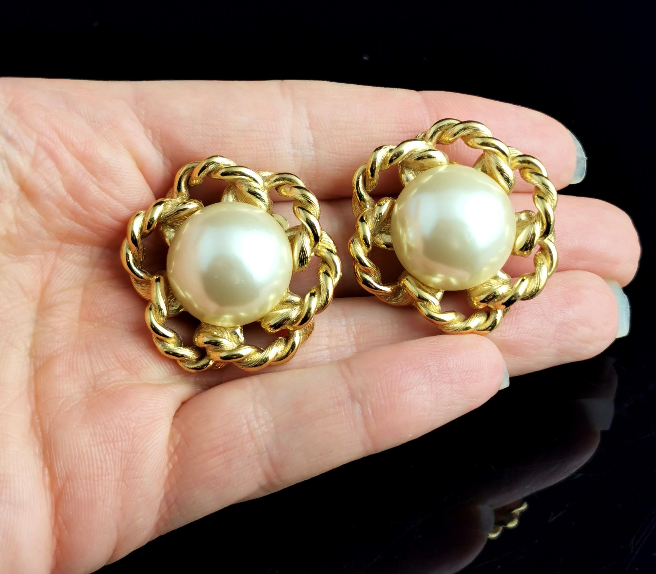 Vintage Givenchy faux pearl clip on earrings, Gold tone, c1980s  For Sale 5