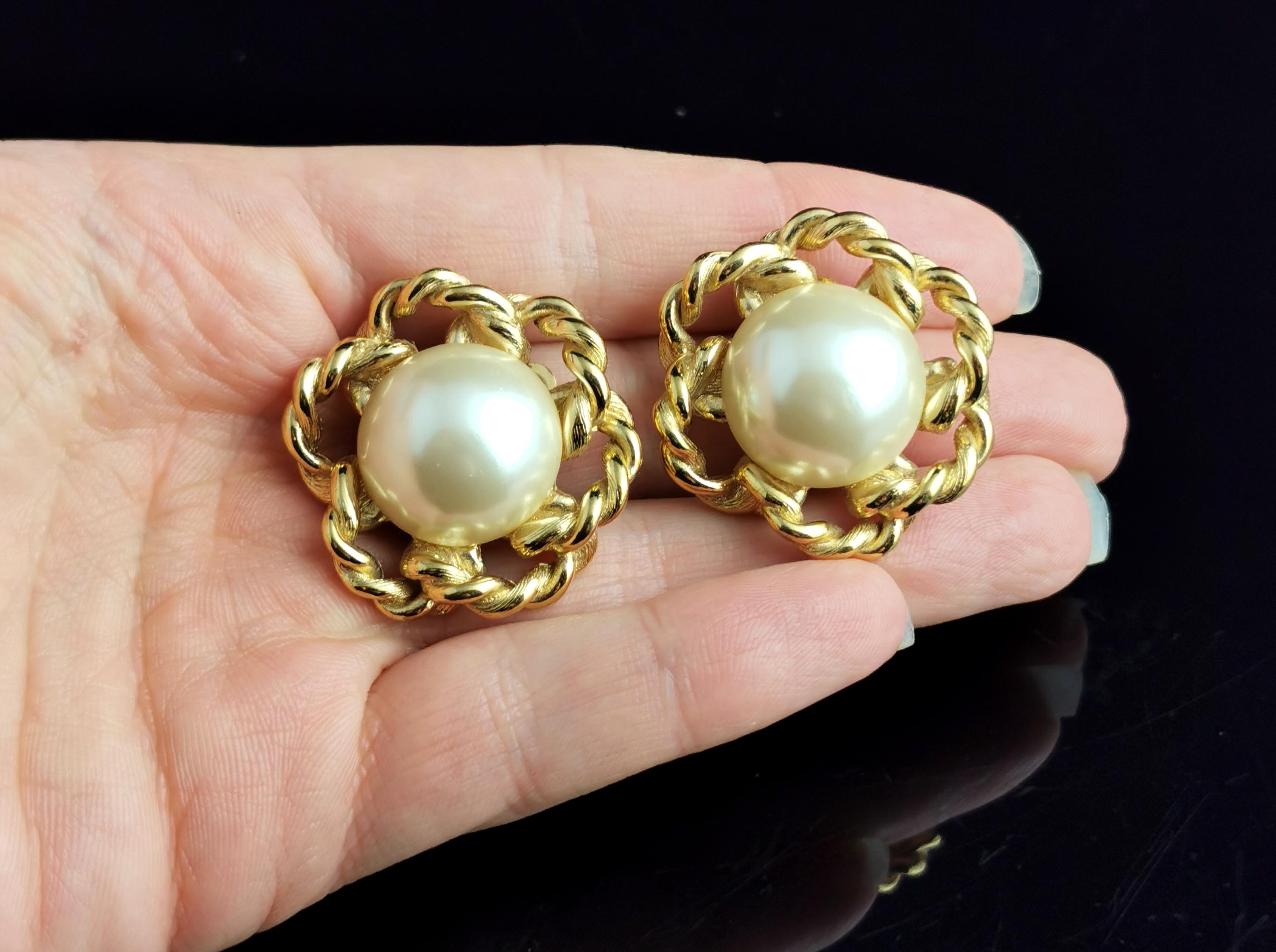 Vintage Givenchy faux pearl clip on earrings, Gold tone, c1980s  For Sale 6