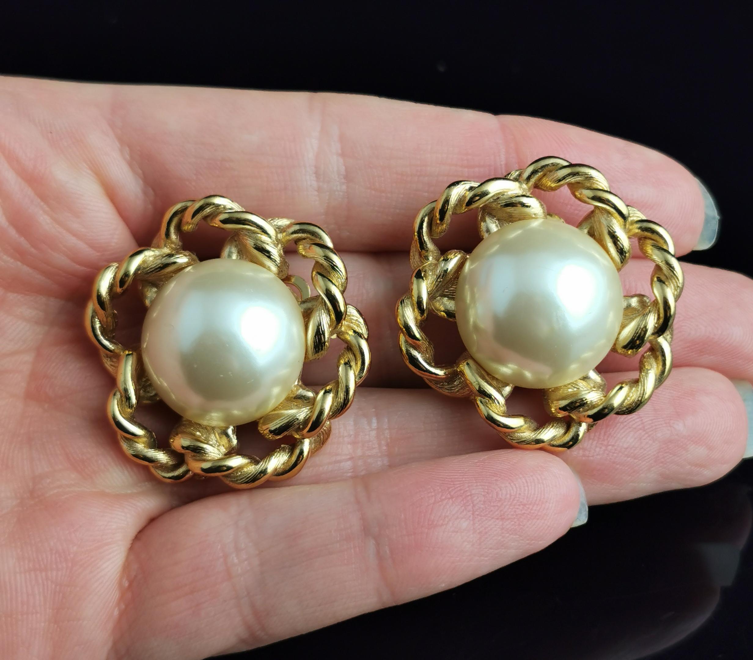 Vintage Givenchy faux pearl clip on earrings, Gold tone, c1980s  For Sale 7