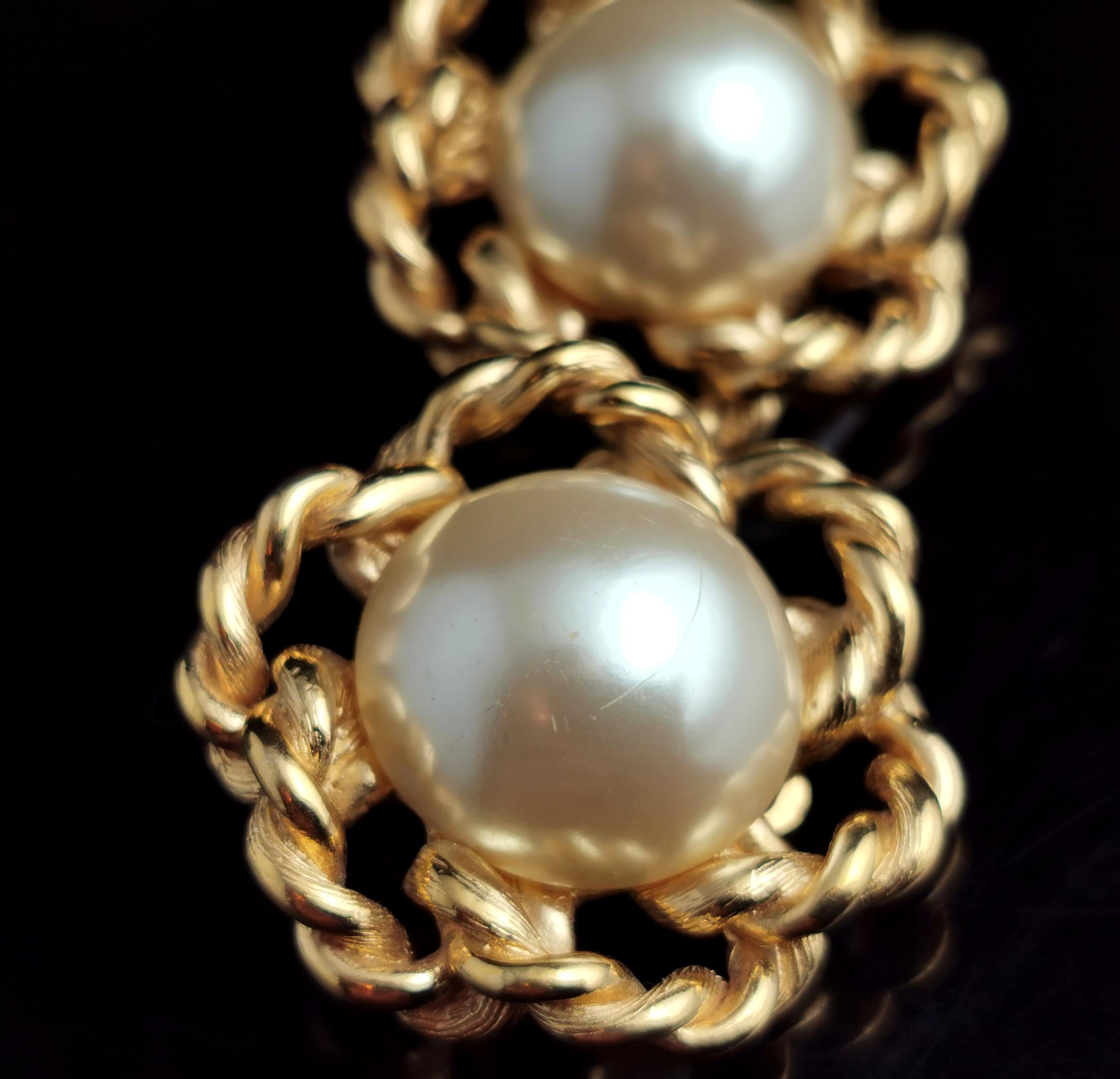Vintage Givenchy faux pearl clip on earrings, Gold tone, c1980s  For Sale 1