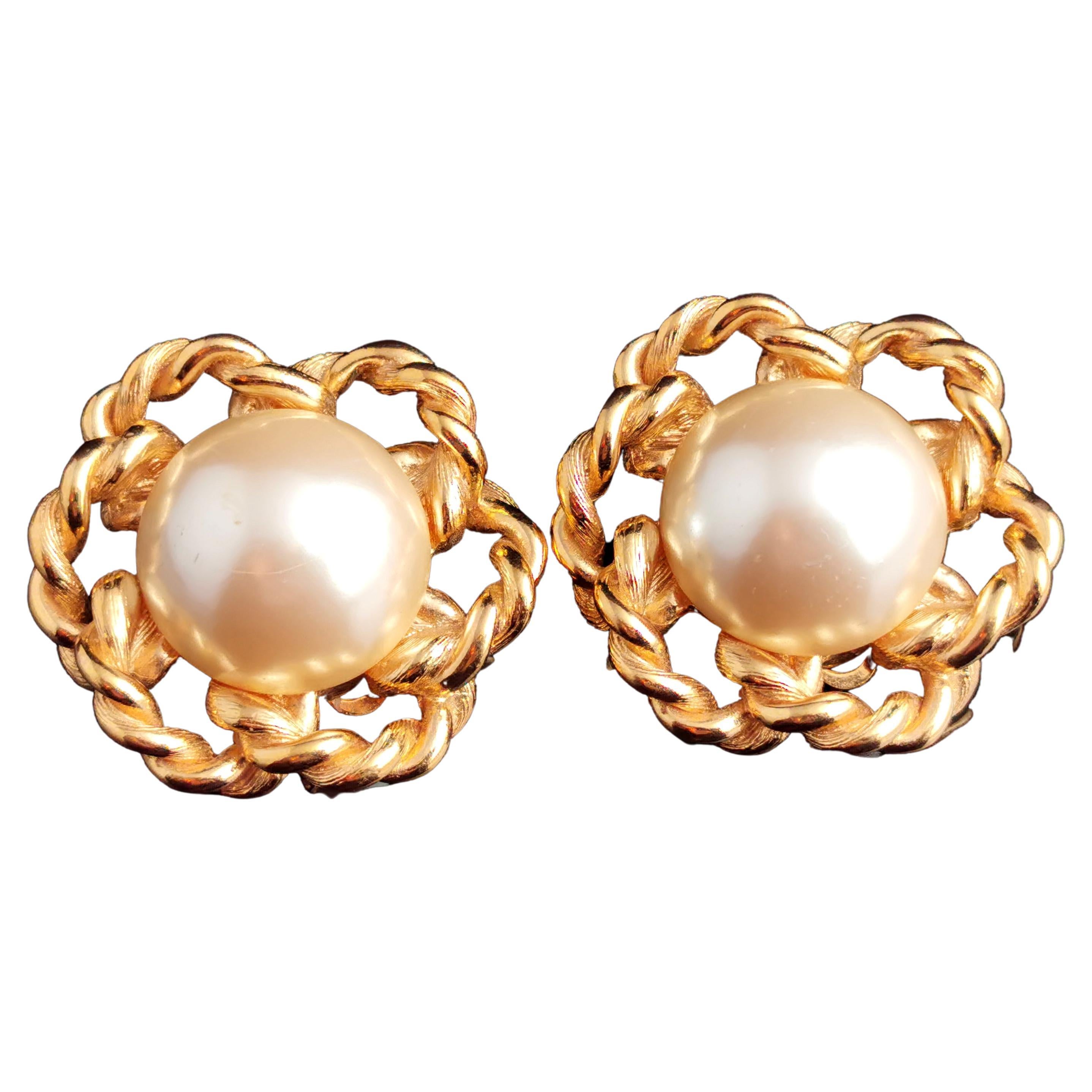 Vintage Givenchy faux pearl clip on earrings, Gold tone, c1980s  For Sale