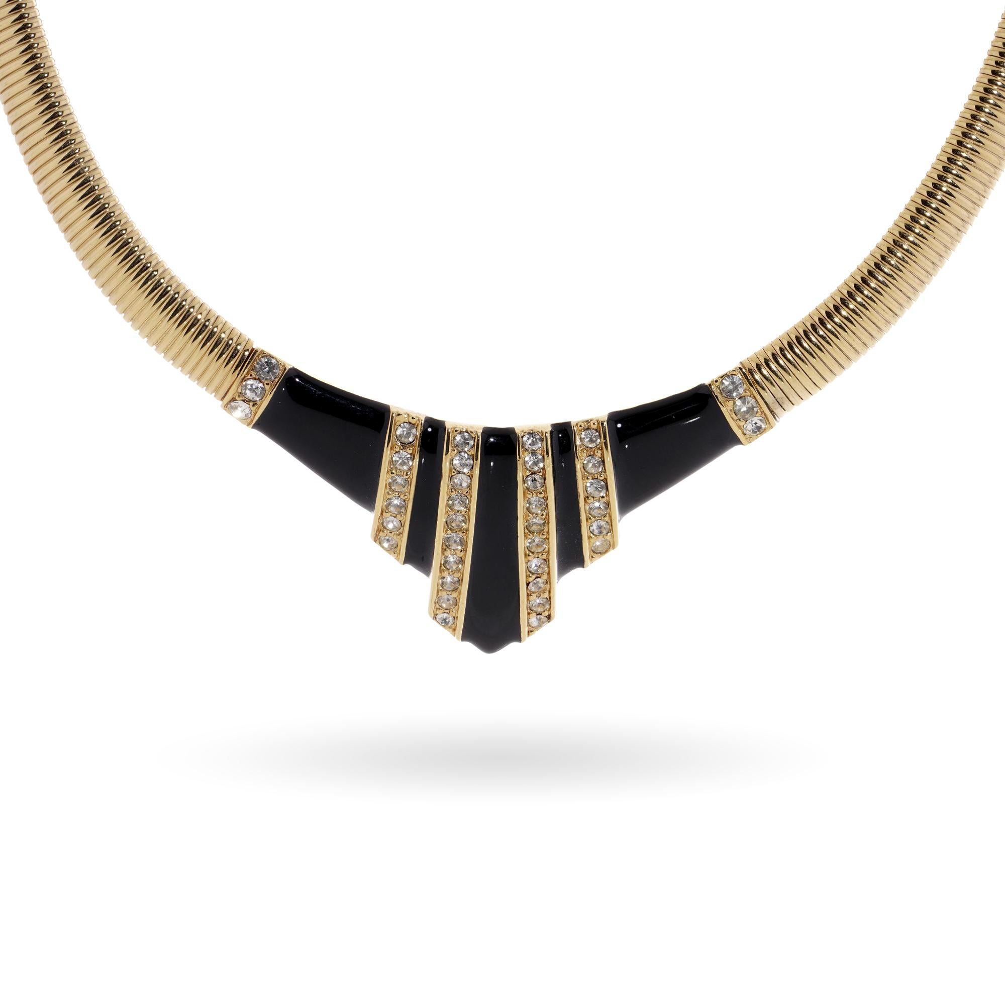 Halskette mit Vintage Givenchy-Kragen, geometrisches Design in Goldtönen und schwarzer Emaille, Vintage Damen im Angebot