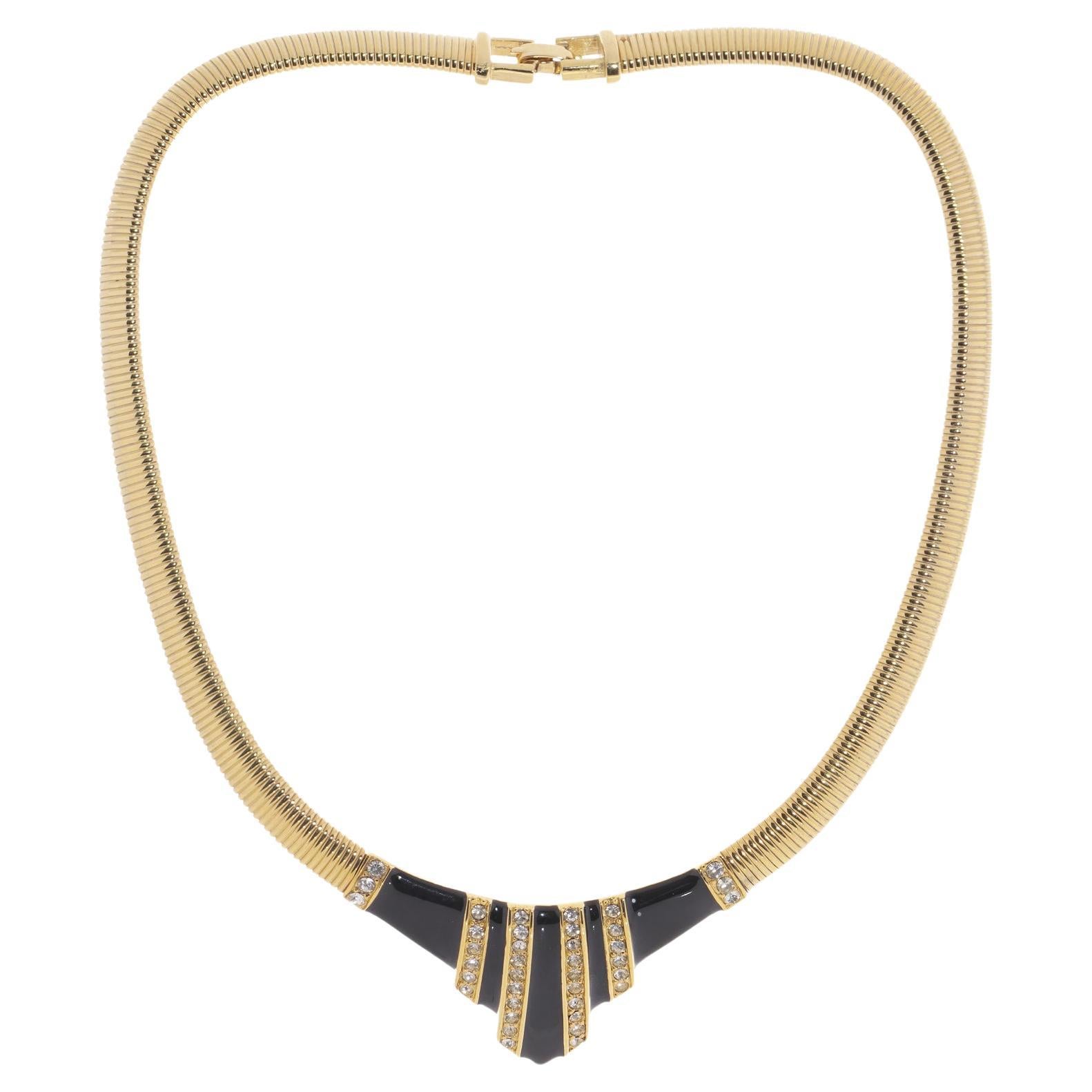 Vintage Givenchy Geometric Design Gold Tone and Black Enamel Collar Necklace