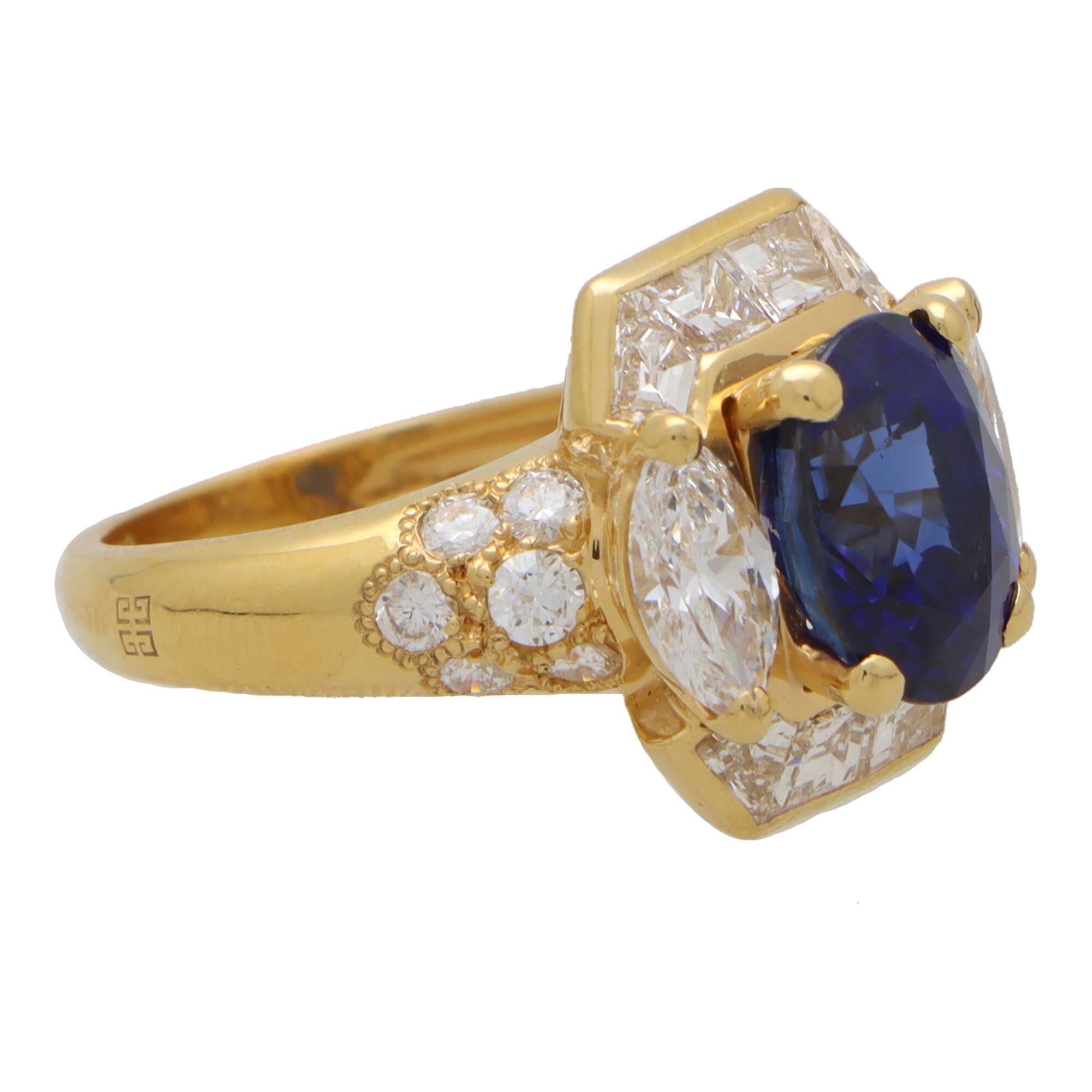 Oval Cut Vintage Givenchy GIA Certified Sapphire and Diamond Cluster Ring in Yellow Gold For Sale