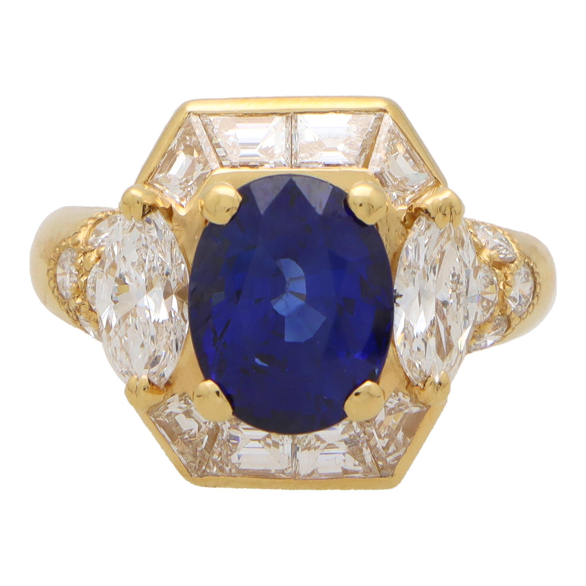 Vintage Givenchy GIA Certified Sapphire and Diamond Cluster Ring in Yellow Gold For Sale