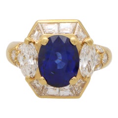 Vintage Givenchy GIA-zertifizierter Saphir- und Diamant-Cluster-Ring aus Gelbgold