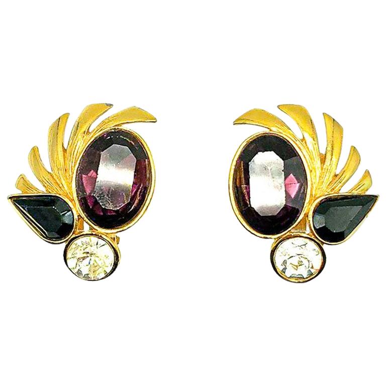 Givenchy, boucles d'oreilles vintage en or et plumes d'améthyste des années 1980 en vente