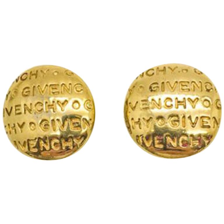 Vintage Givenchy Gold Button Logo Earrings Iconic 1980s For Sale