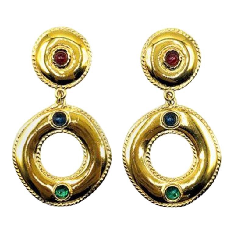 Vintage Givenchy Gold & Cabochon Sapphire Emerald Ruby Glass Jewelled Earrings  For Sale