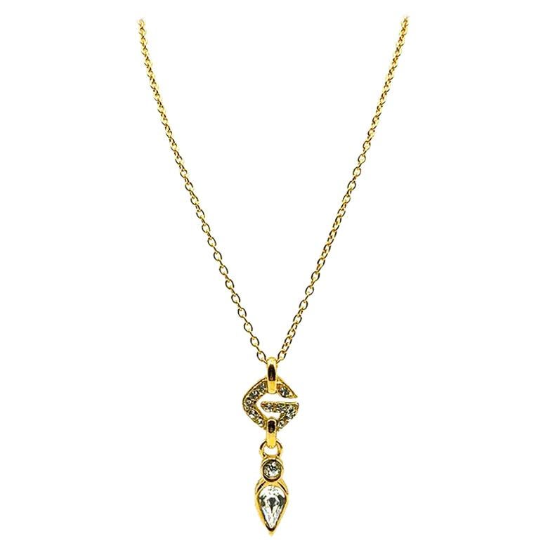 Vintage Givenchy Gold & Crystal G Droplet Necklace 1990s