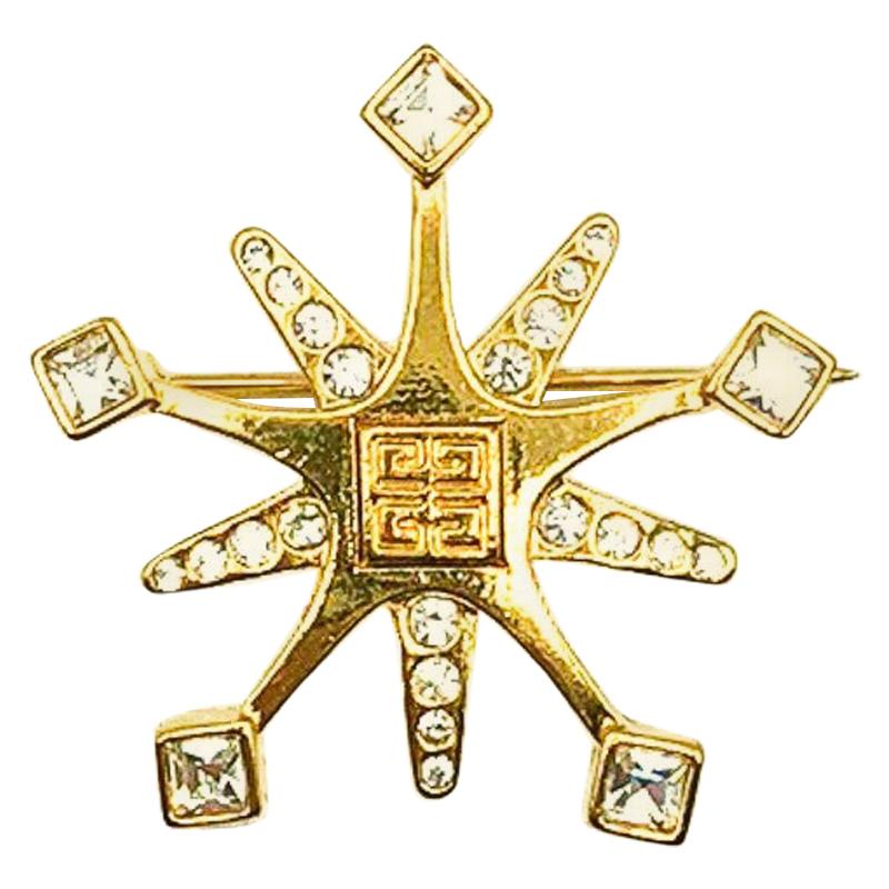 Vintage Givenchy Gold Crystal Snowflake Brooch 1990s