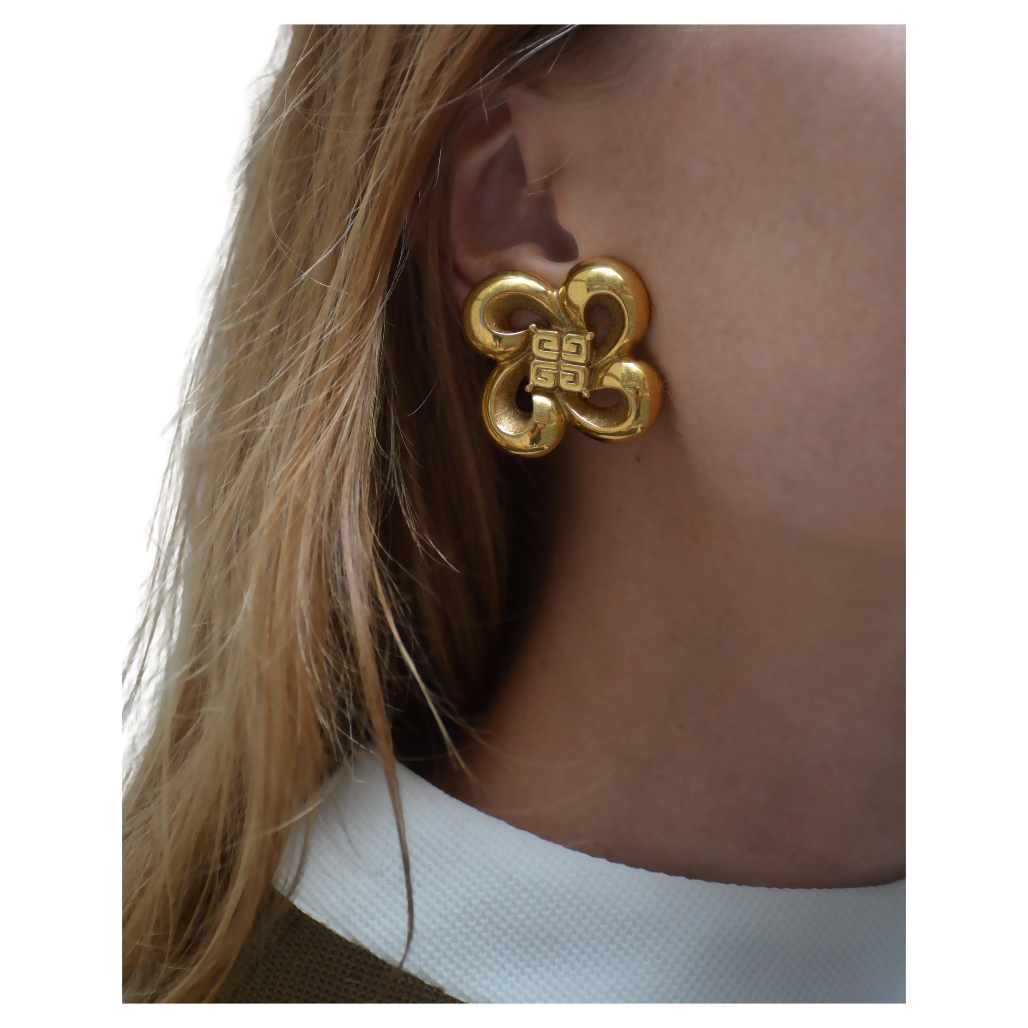 Vintage Givenchy Gold Logo Bow Earrings For Sale