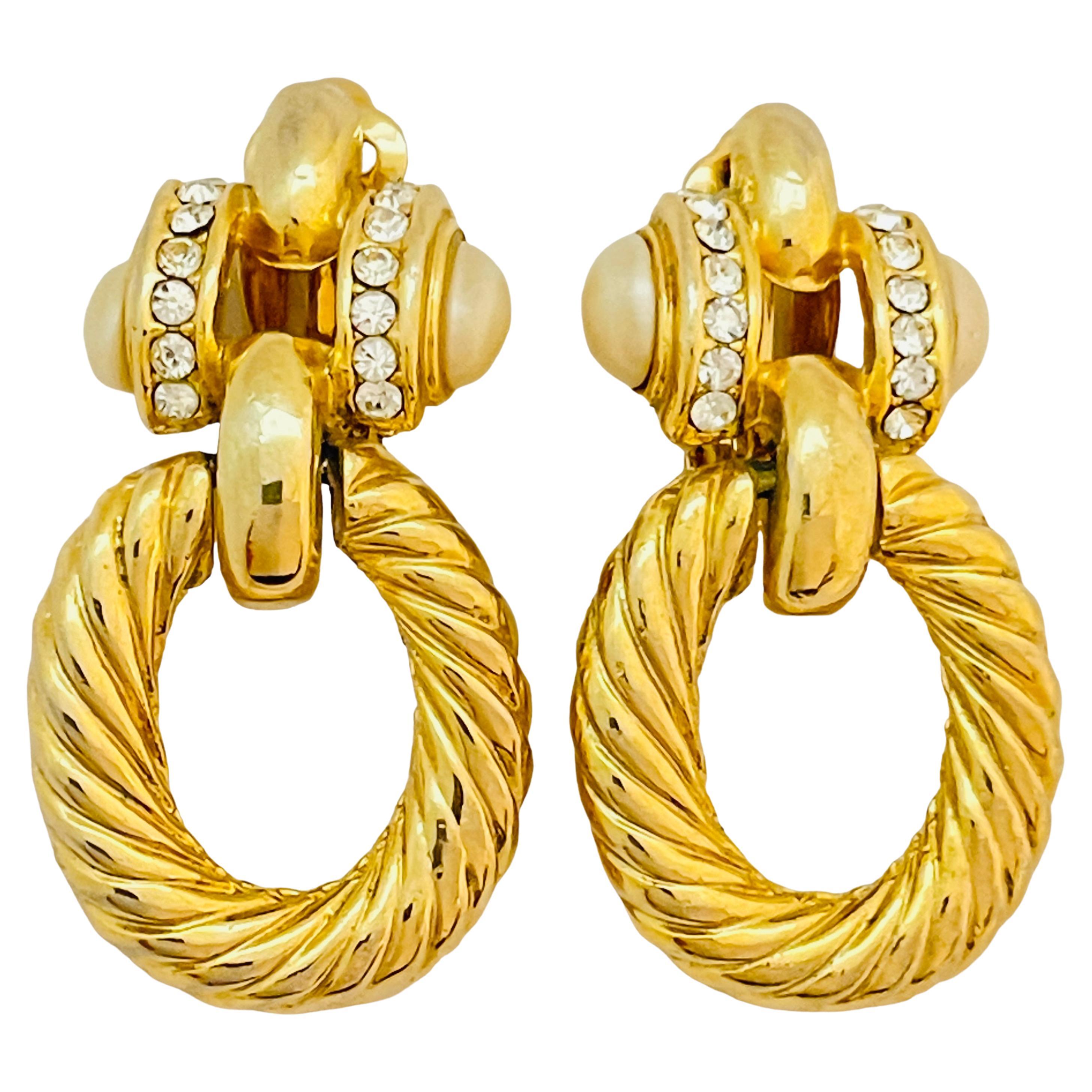 Vintage GIVENCHY gold pearl crystal designer runway clip on earrings For Sale