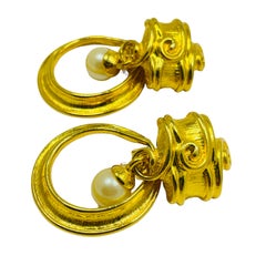 Vintage GIVENCHY gold pearl door knocker designer clip on earrings