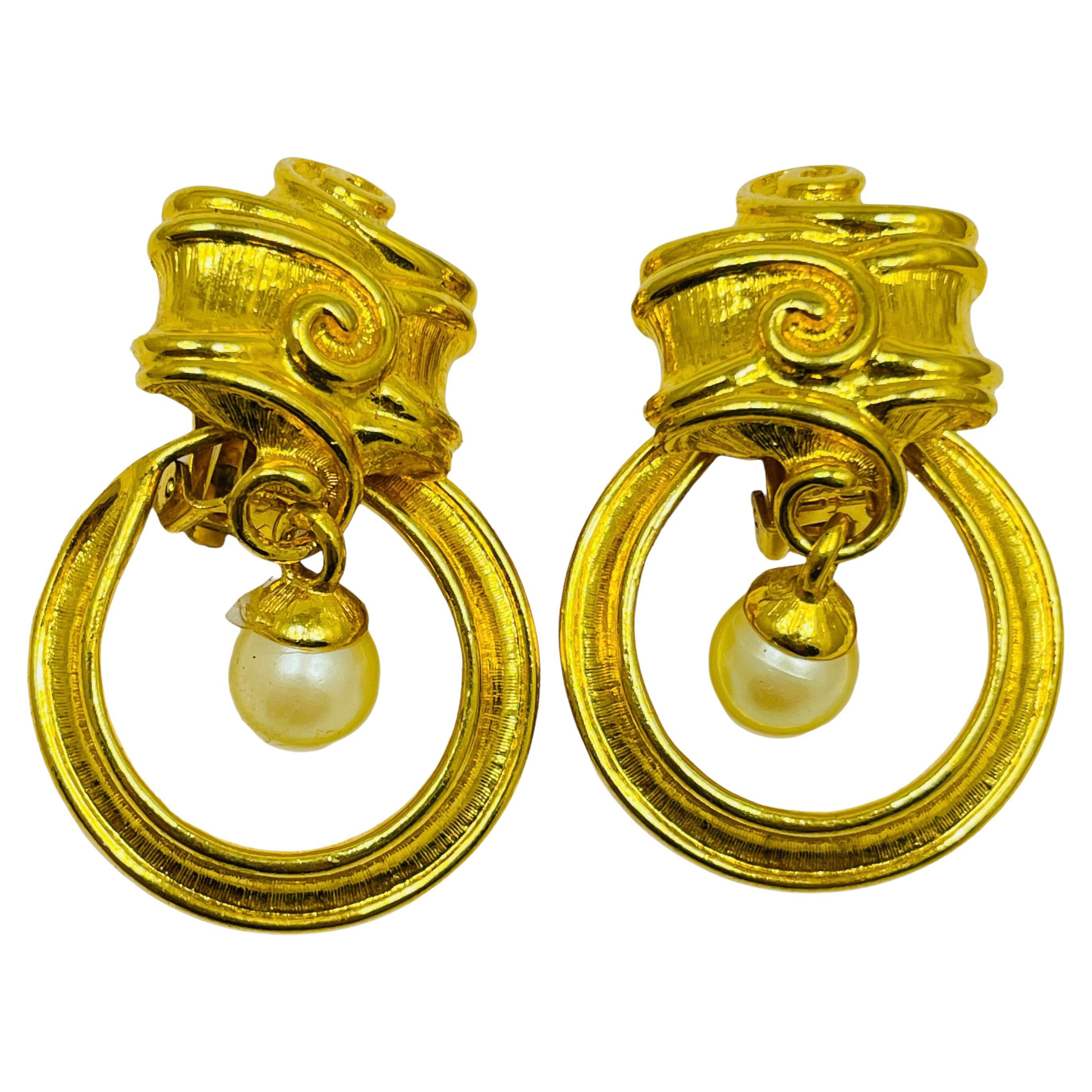 Vintage GIVENCHY gold pearl door knocker designer clip on earrings For Sale  at 1stDibs