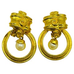 Vintage GIVENCHY gold pearl door knocker designer clip on earrings
