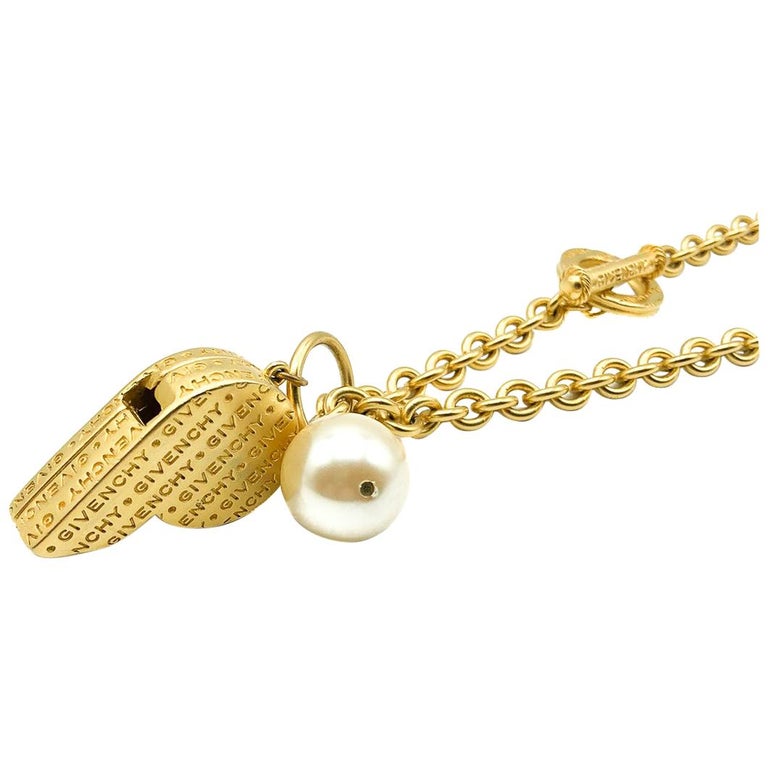 Givenchy Pearl Gold Vintage & Logo Whistle Chain Necklace 1990s