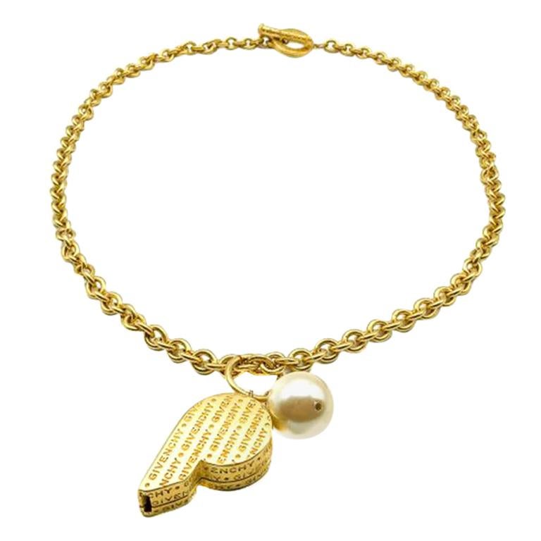 Vintage Givenchy Gold & Perle Logo Whistle Kette Halskette 1990er Jahre