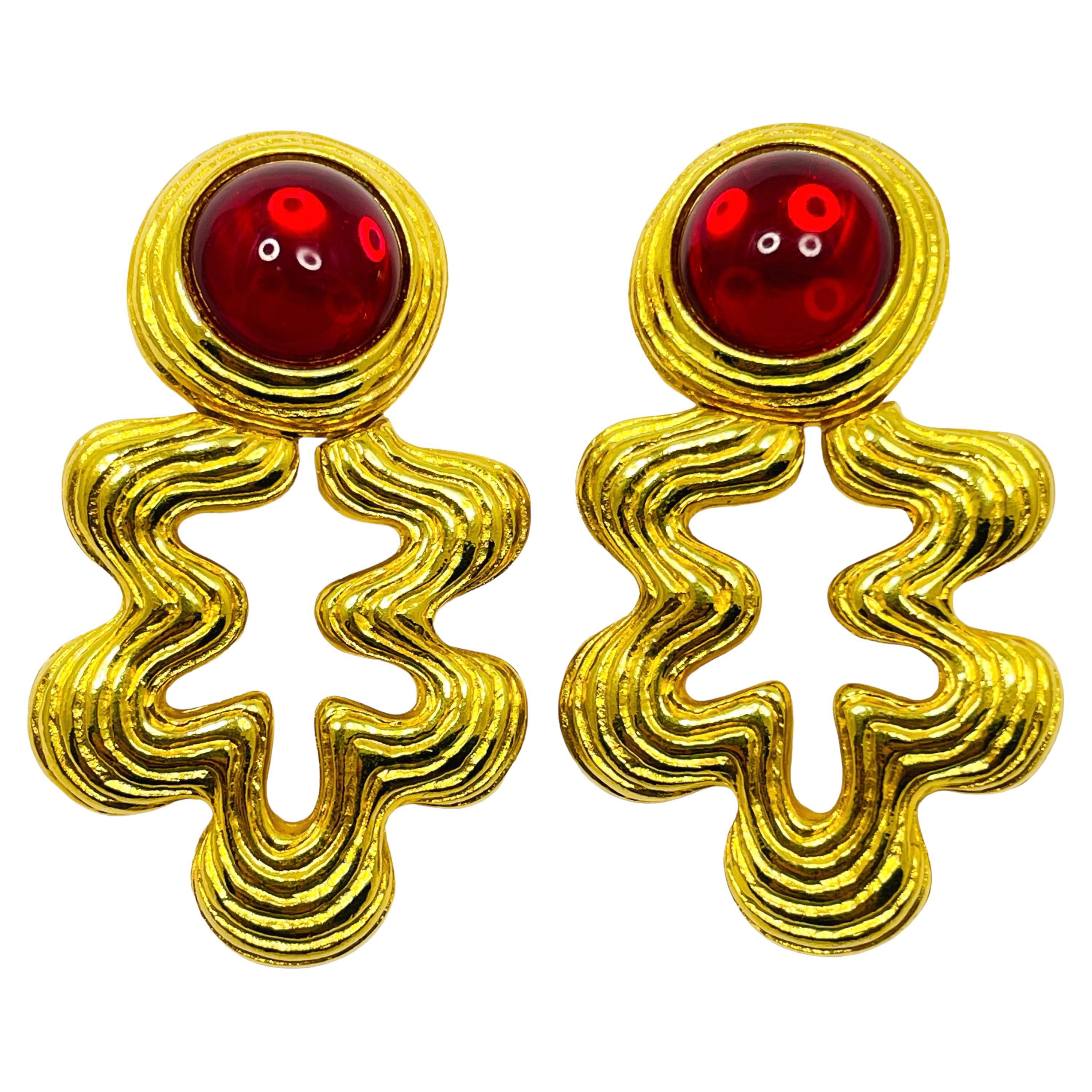 Vintage GIVENCHY gold red glass massive designer runway clip on earrings For Sale