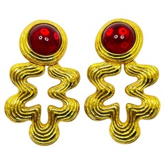 Vintage GIVENCHY gold red glass massive designer runway clip on earrings