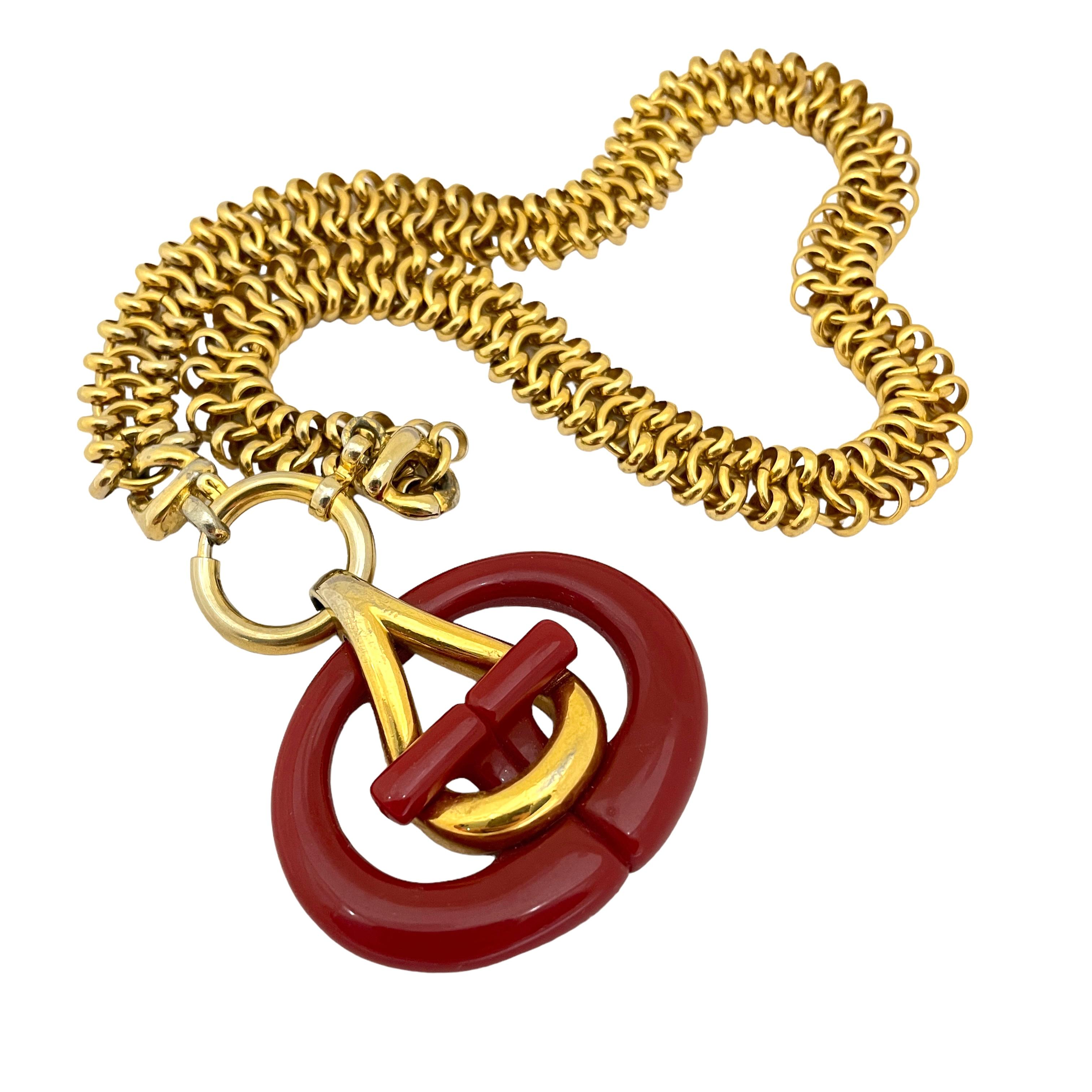 Vintage GIVENCHY gold red lucite logo designer runway necklace In Good Condition For Sale In Palos Hills, IL