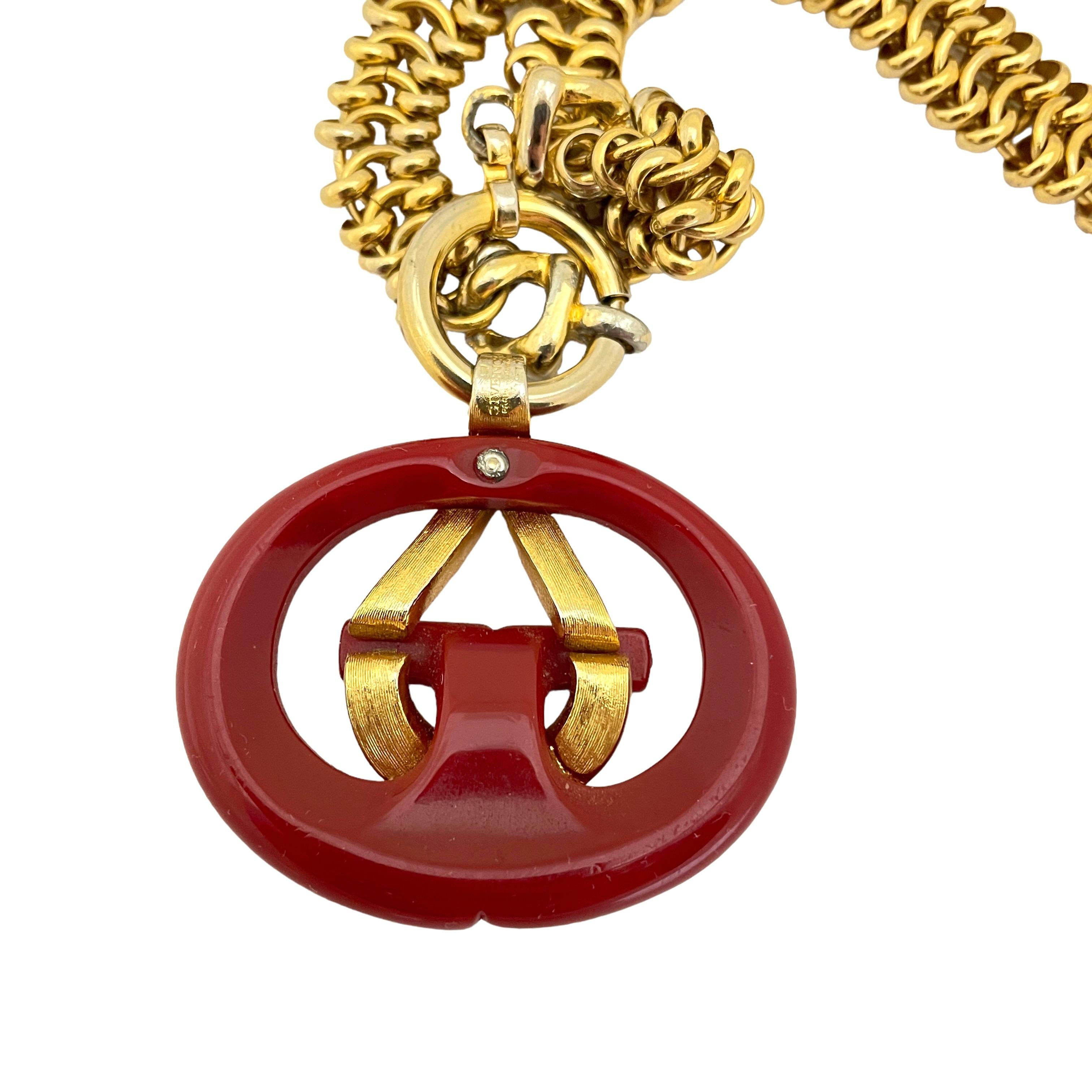 Women's or Men's Vintage GIVENCHY gold red lucite logo designer runway necklace For Sale