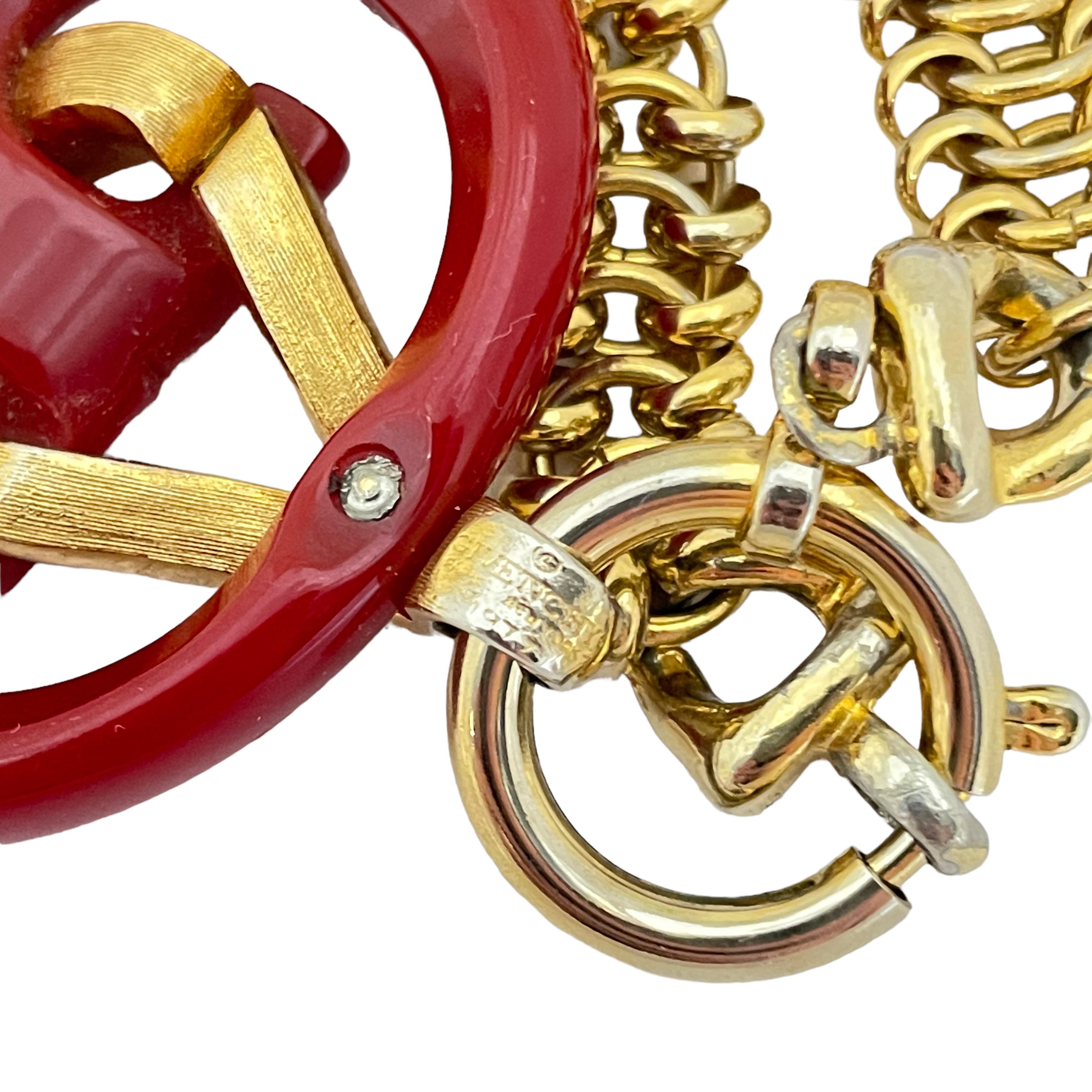 Vintage GIVENCHY gold red lucite logo designer runway necklace For Sale 1