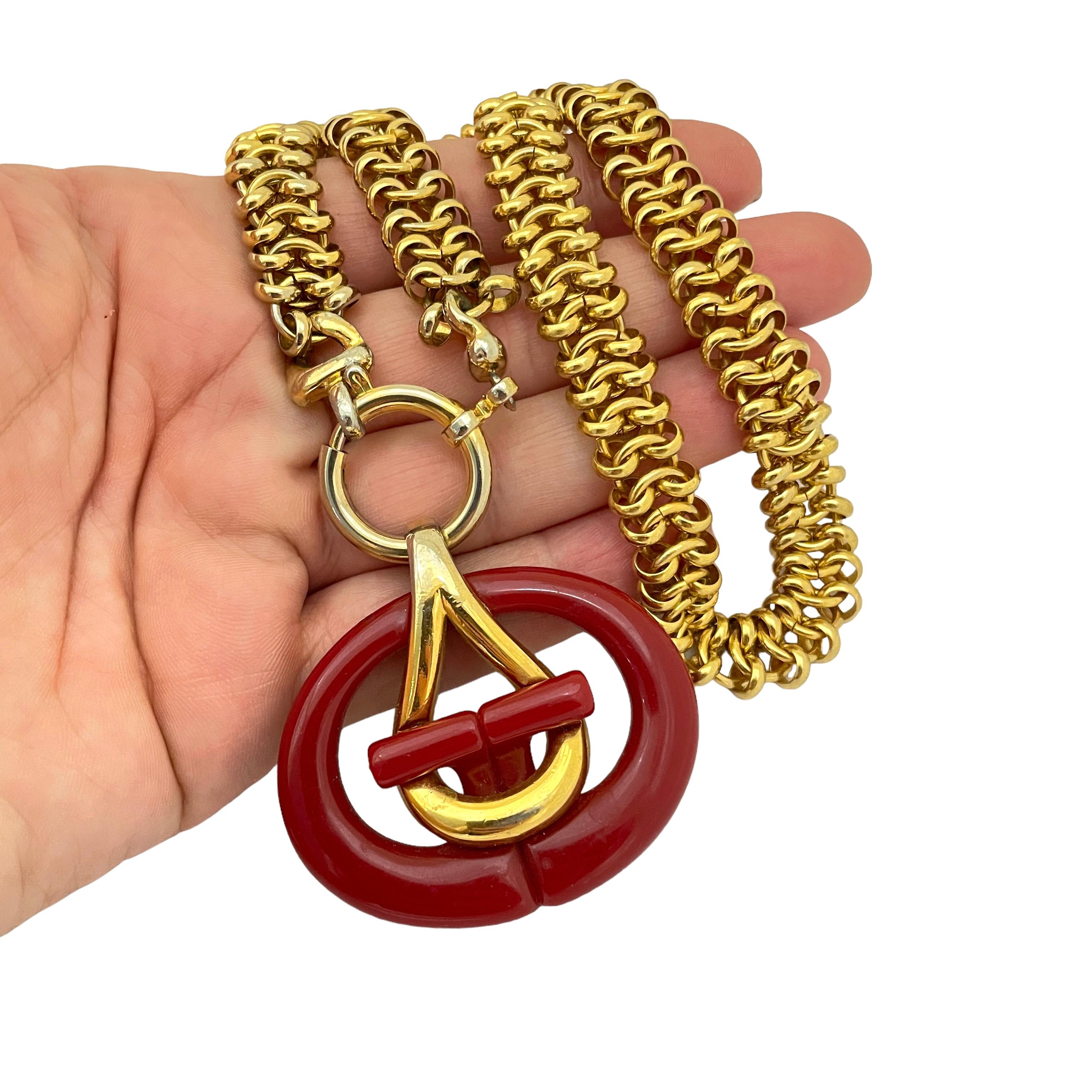 Vintage GIVENCHY gold red lucite logo designer runway necklace For Sale 2
