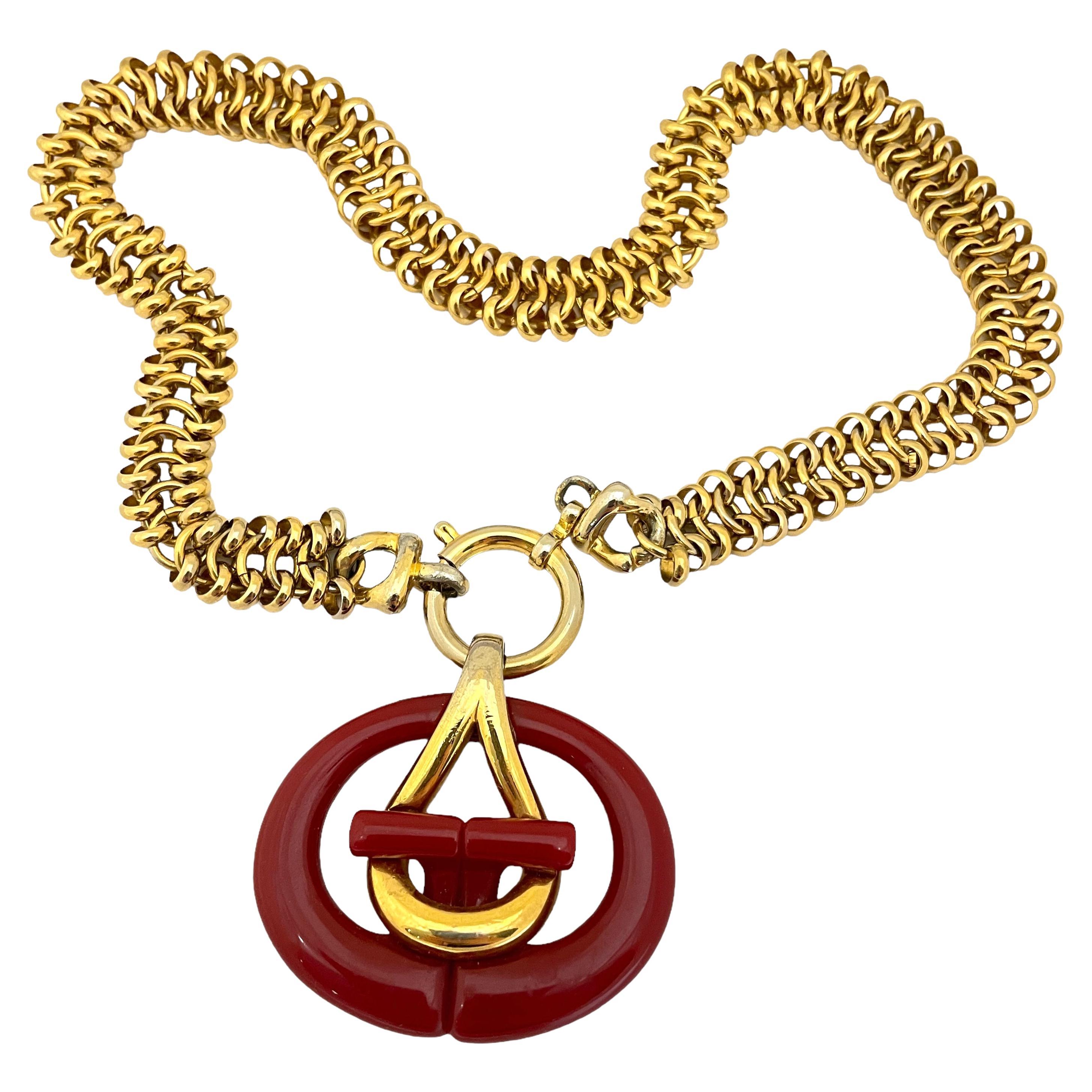 Vintage GIVENCHY gold red lucite logo designer runway necklace For Sale