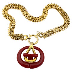Vintage GIVENCHY gold red lucite logo designer runway necklace