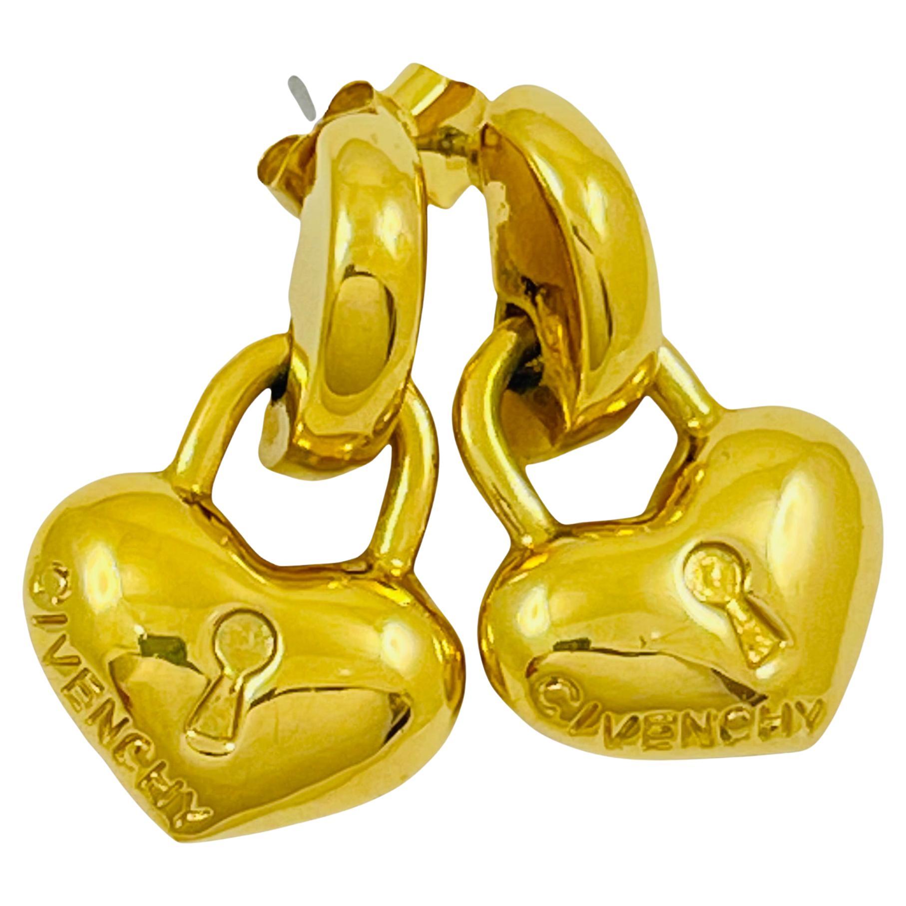 Vintage GIVENCHY gold signed dangle heart key lock designer runway earrings  at 1stDibs