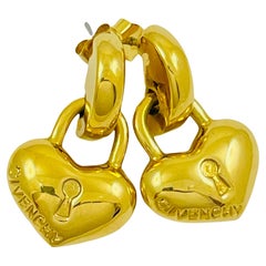Vintage GIVENCHY gold signed dangle heart key lock designer runway earrings