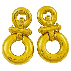 Vintage GIVENCHY gold signed logo door knocker dangle designer runway earrings
